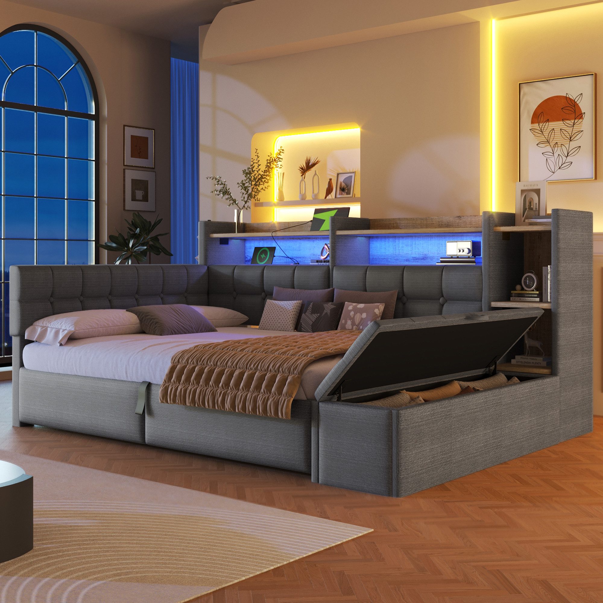 Merax Daybett mit LED Lichtleiste, USB, Typ-C & Bettkasten, Samt (Schlafsofa Sofabett Jugendbett Kinderbett Doppelbett, 1 tlg), Tagesbett 140x200cm mit hydraulischem Stauraum,Ablagefach,Stauraumbank