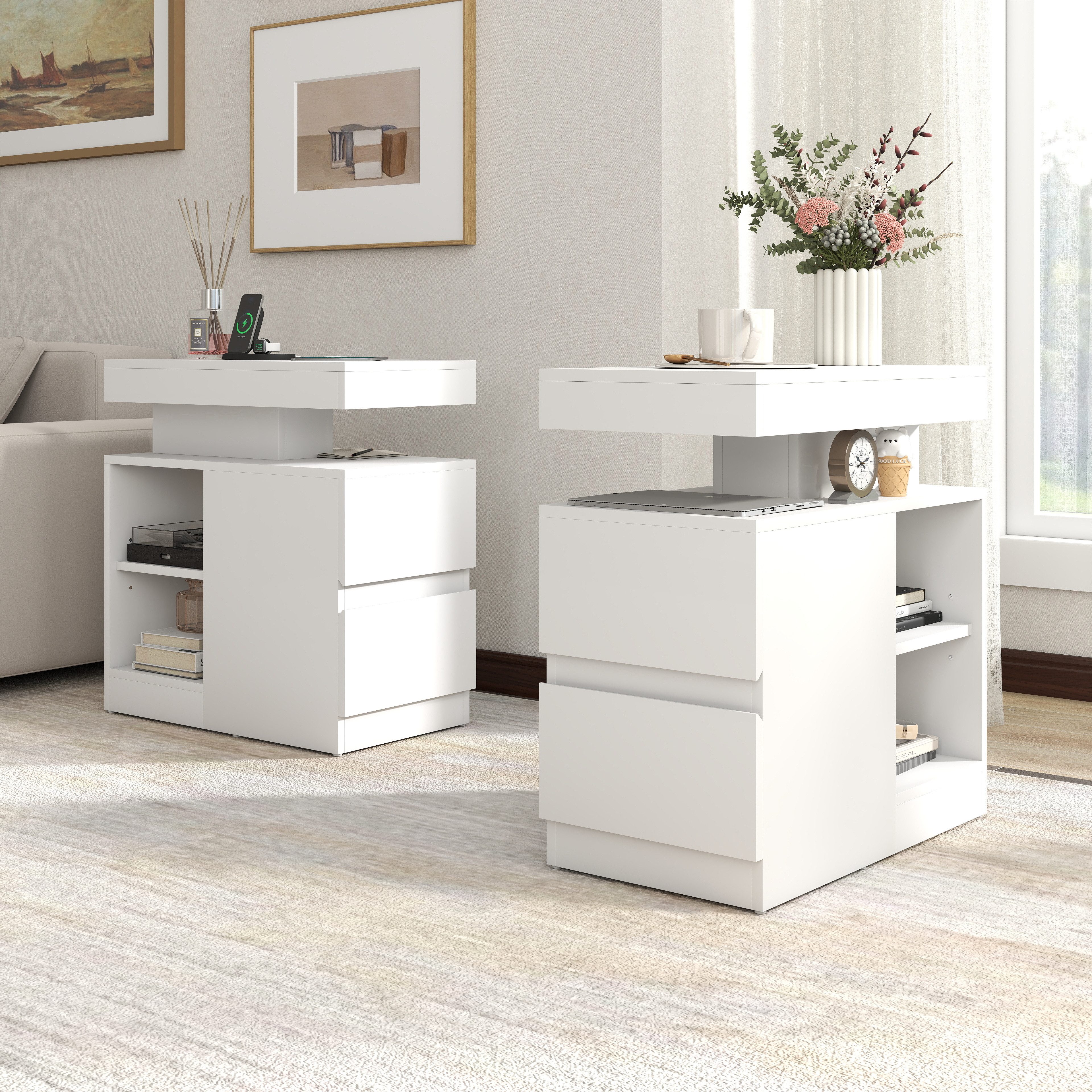 JOIVI Beistelltisch Moderner Beistelltisch im Hochglanz (Wohnzimmertisch in 60 x 32 x 62 cm, Kaffeetisch mit 2 Schuhbladen), Sofatisch für Wohnzimmer, Schlafzimmer, Büro, Weiß