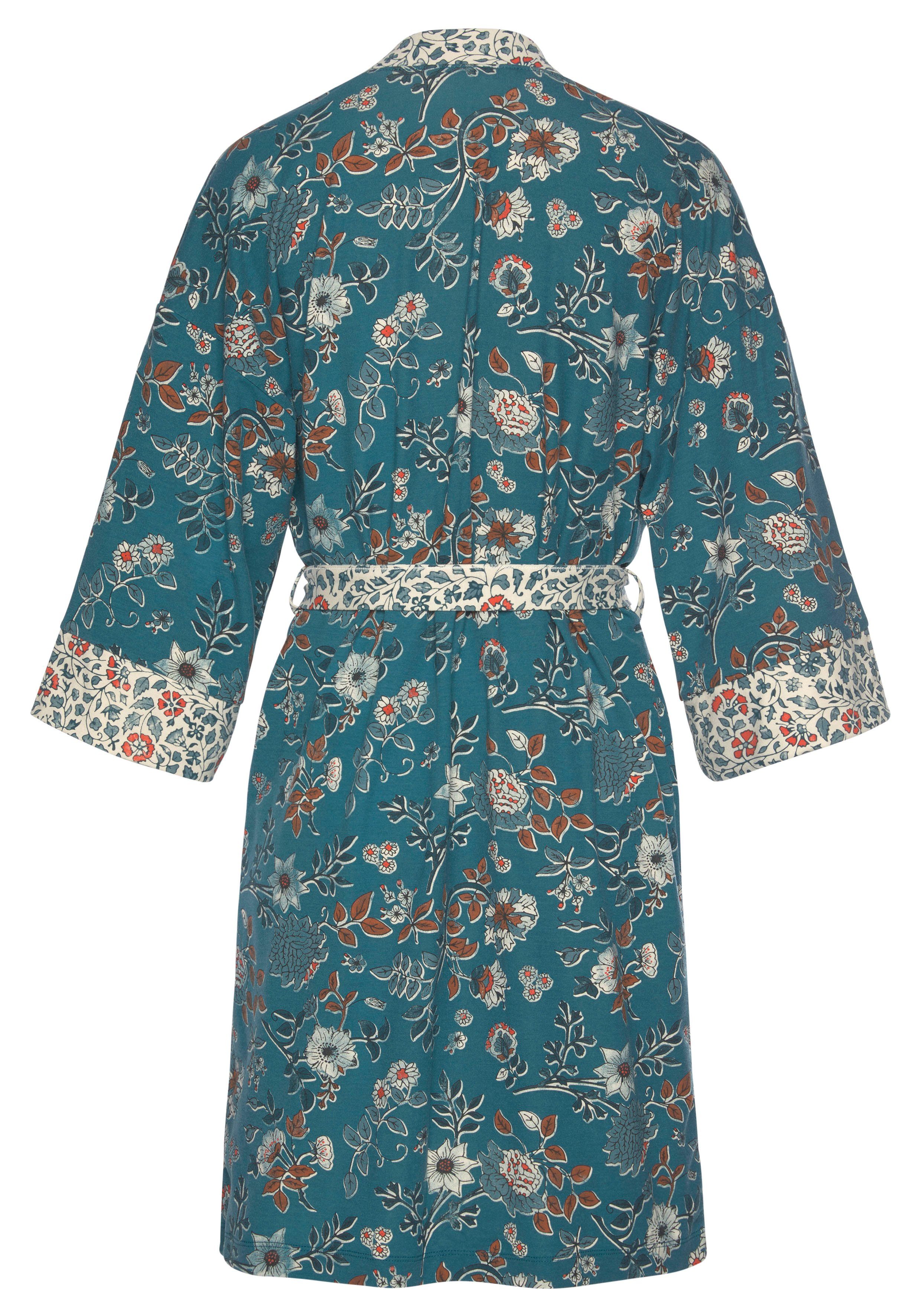 Gürtel, Jersey, Kimono-Kragen, rauchblau-ecru Allover-Druck LASCANA mit Kurzform, Blumen Kimono,