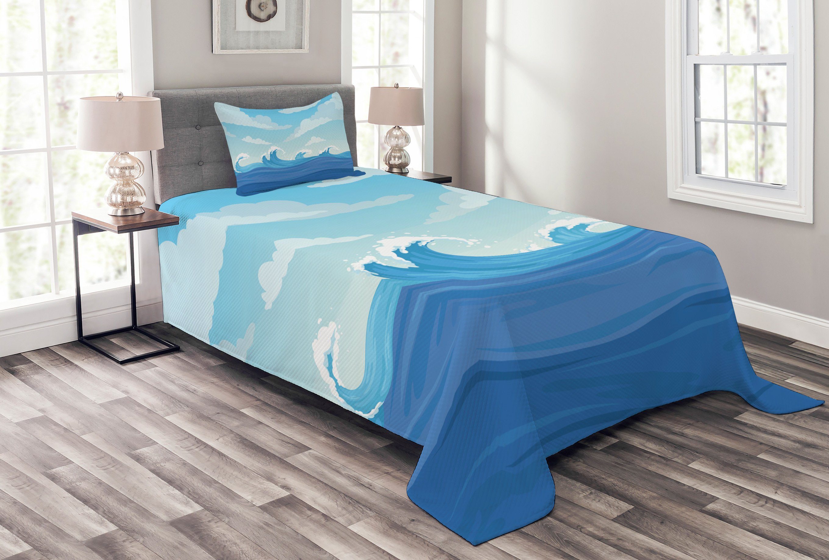 mit Welle Ozean Tagesdecke Illustration Set Töne Kissenbezügen Abakuhaus, Waschbar, Blaue