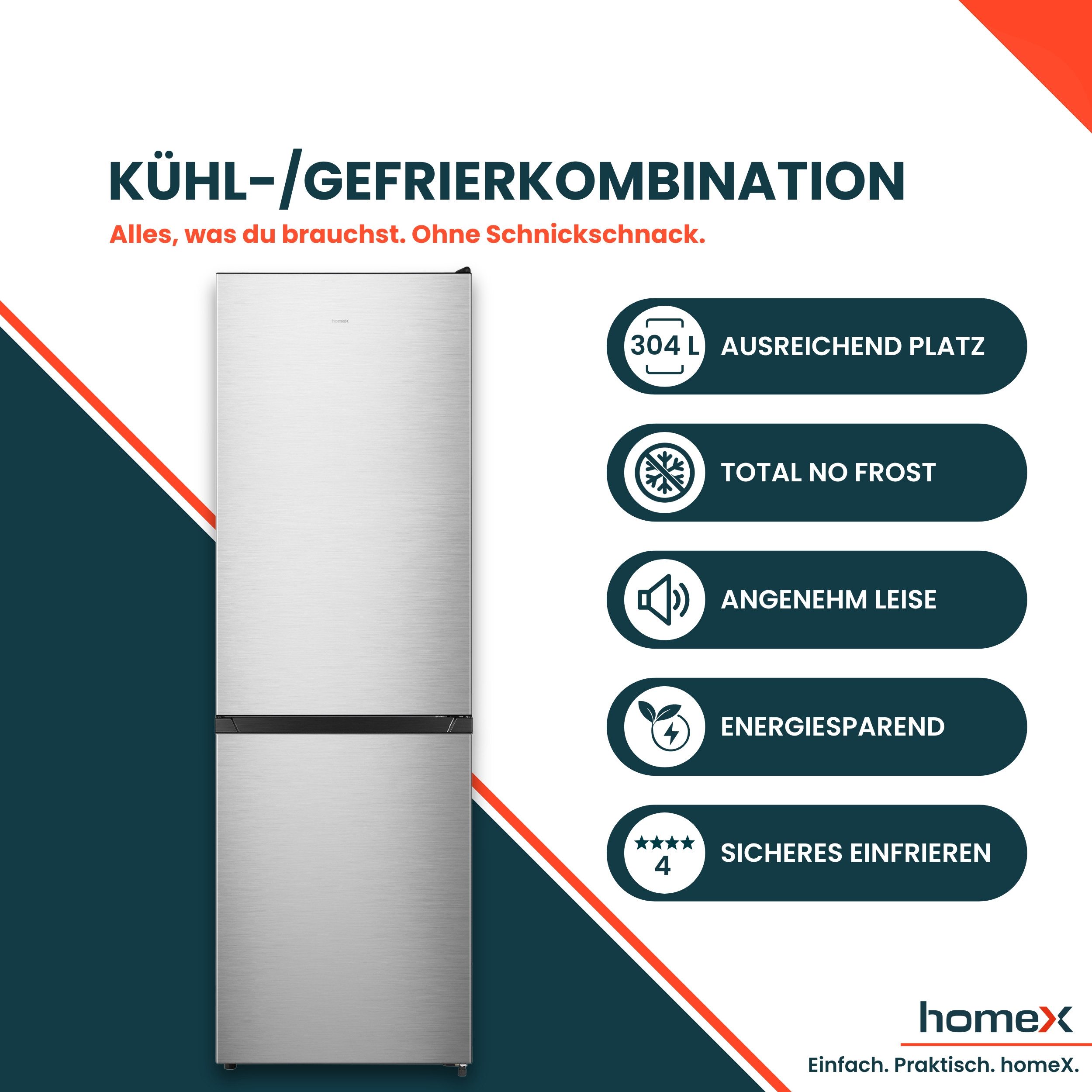 homeX Kühl-/Gefrierkombination CFSN3041A-S, 187.3 cm hoch, 59.5 cm breit, No Frost, 304 L, Kühlschrank mit Gefrierfach, EEK A, freistehend, groß