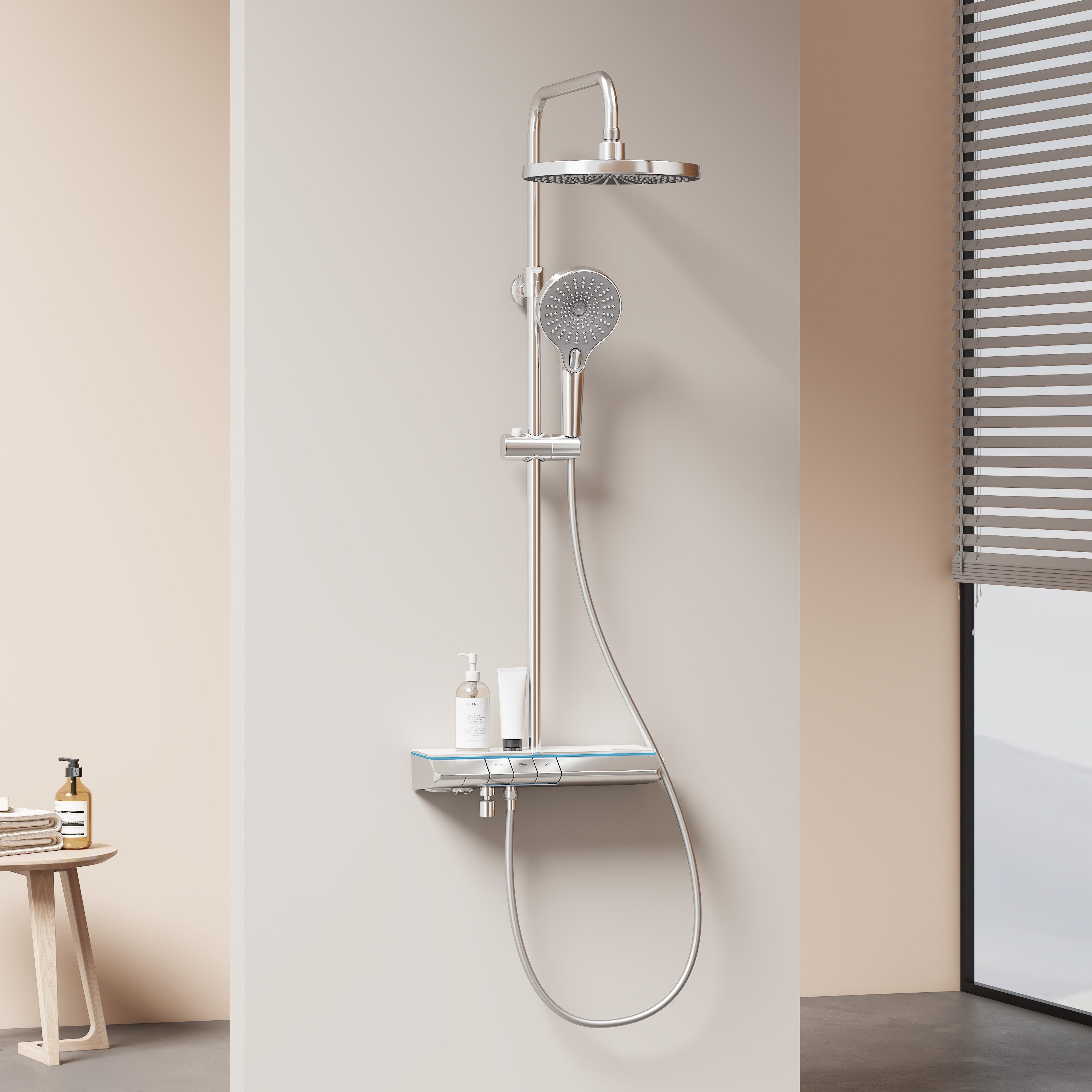 EMKE Duschsystem Duschsäule mit Ablage, Thermostat und Ambientelicht, Chrom günstig online kaufen