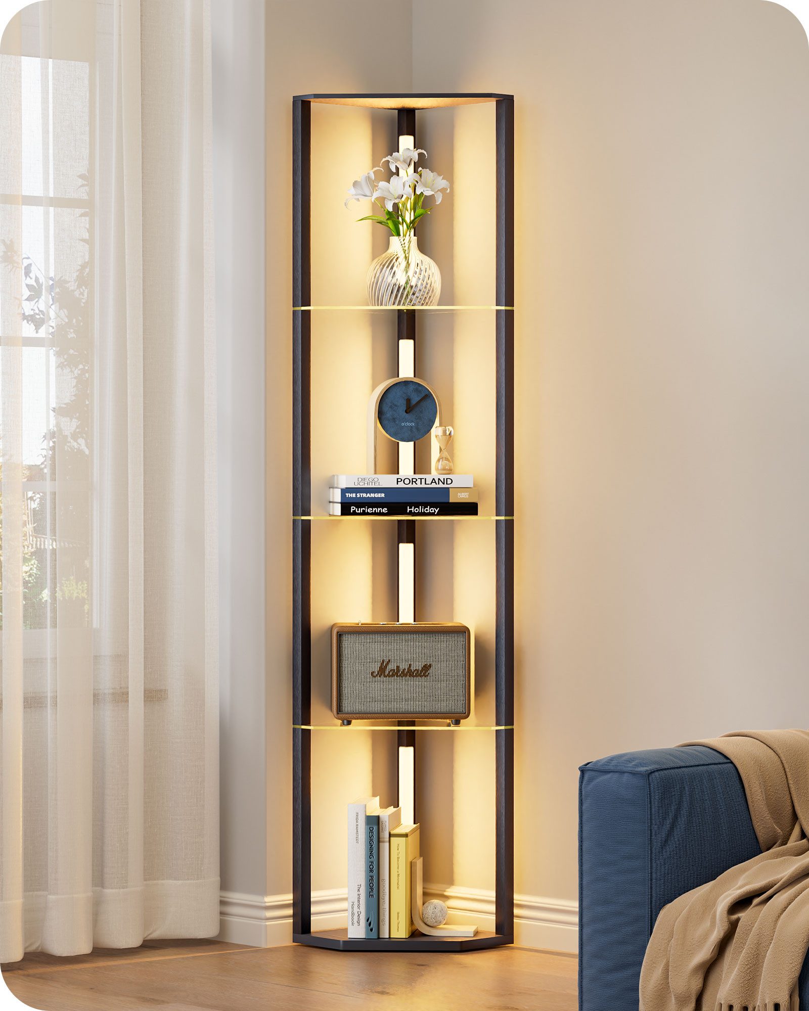 EDISHINE Stehlampe Wohnzimmer Dimmbar, Standleuchte mit Holz-Regal, LED fest integriert, warmweiß, LED Dimmbar Stehleuchte, Eckregal Regalbeleuchtung