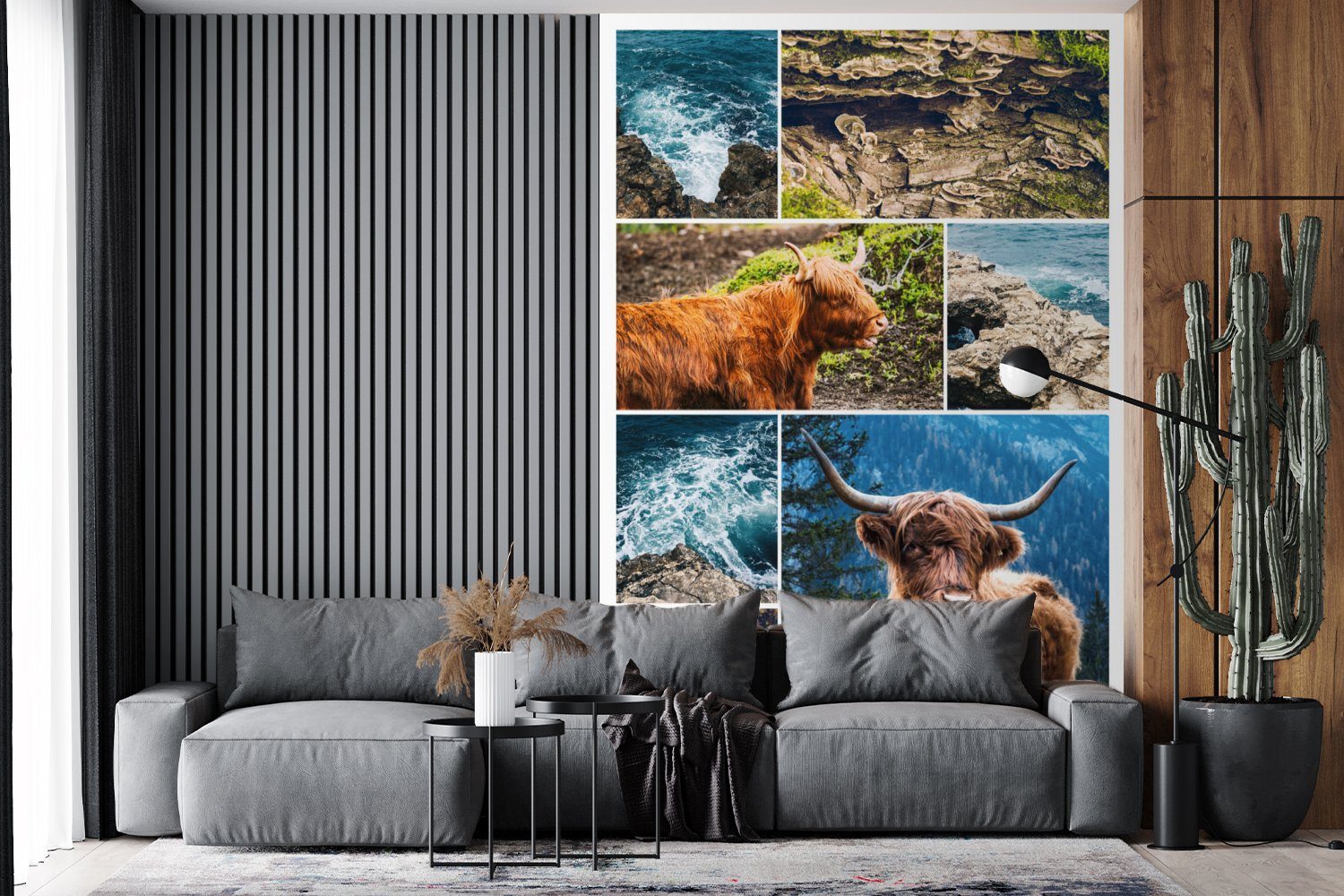 MuchoWow Fototapete Schottischer Highlander Wandtapete - bedruckt, Collage (3 für Matt, Wohnzimmer, St), Tapete Montagefertig Tiere, - Vinyl