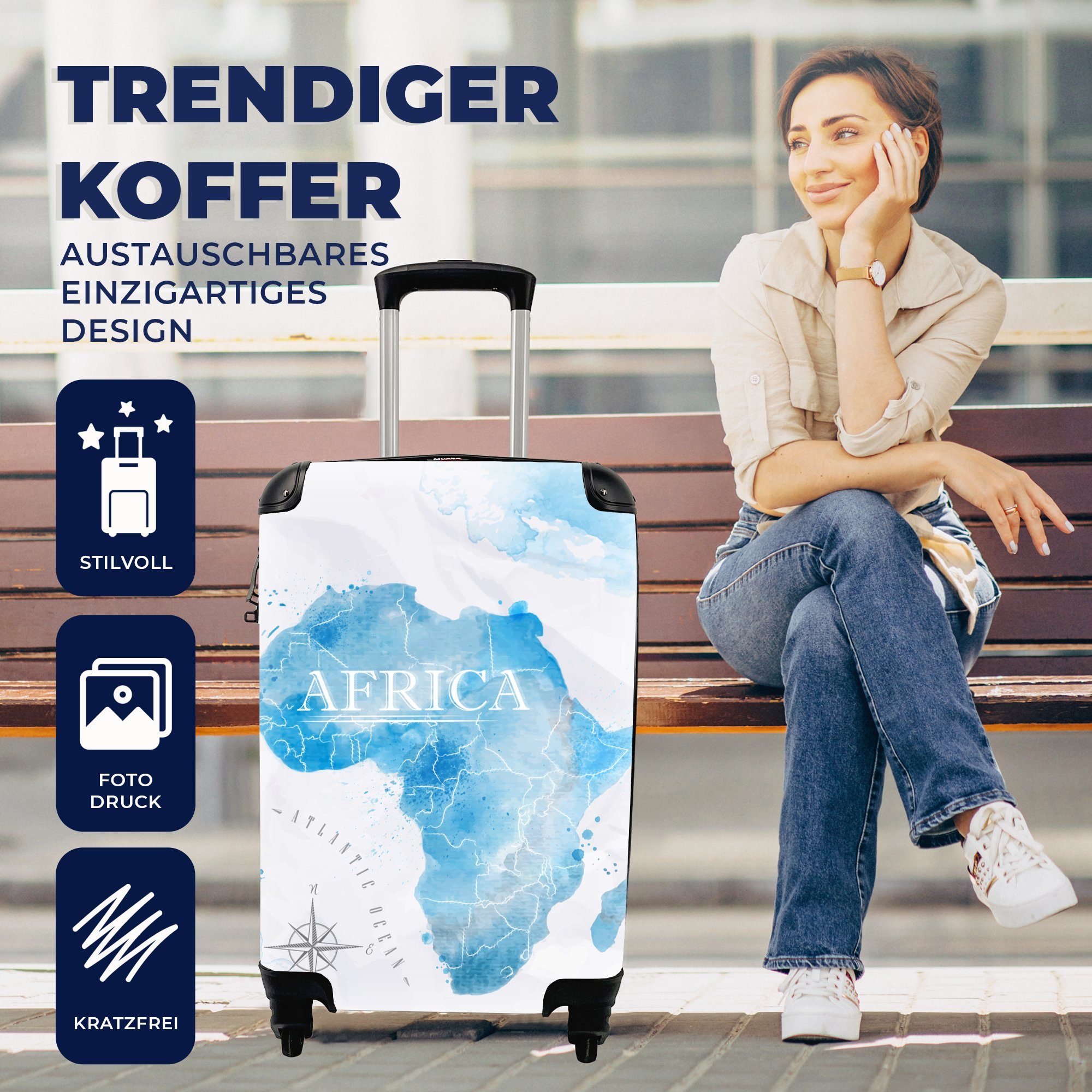 Aquarell, MuchoWow Handgepäck Karten Reisekoffer Trolley, 4 Rollen, mit rollen, Handgepäckkoffer - Reisetasche für Afrika Ferien, -