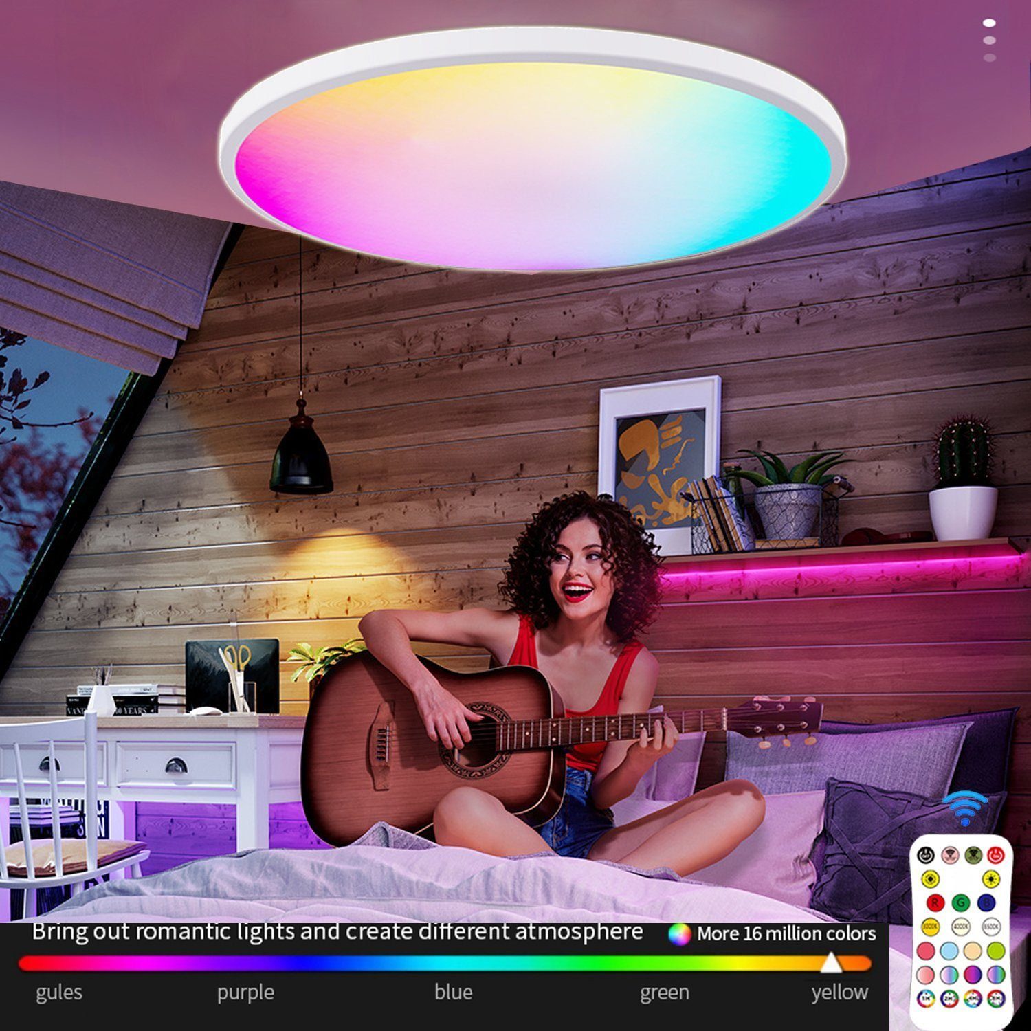 Mutoy Deckenleuchte Dimmbar LED Deckenlampe Ø30cm RGB Farbwechsel mit Fernbedienung, 24W RGB+Warmweiß+Neutralweiß+kaltweiß 2000LM, mit deutscher Bedienungsanleitung, für verschiedene Orte und Urlaubsatmosphäre