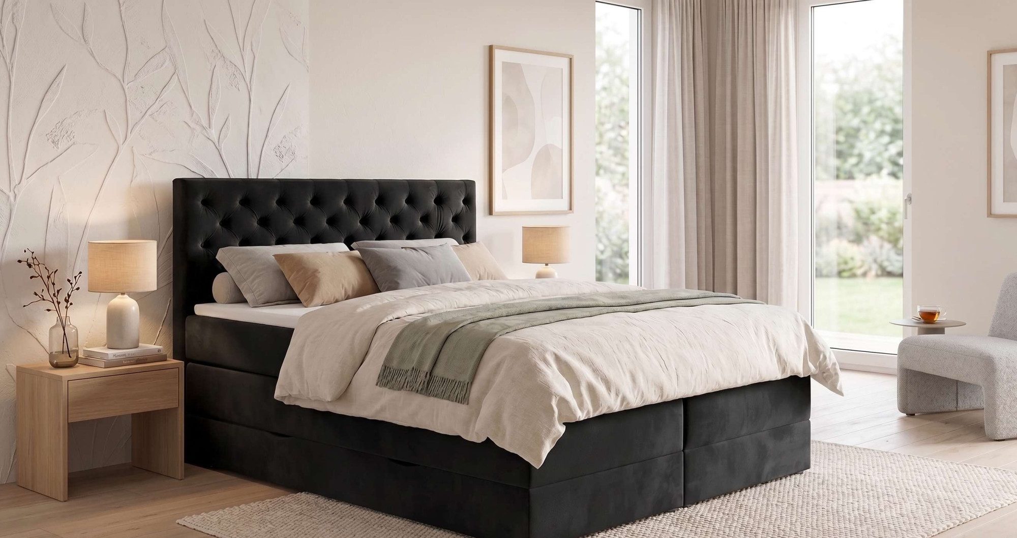 Home affaire Boxspringbett SELJORD mit Bettkasten, Matratze und Topper, Breite 160 oder 180 cm, Bonnell- oder Taschenfederkernmatratze (H2, H3, H4), mit Knopfheftung