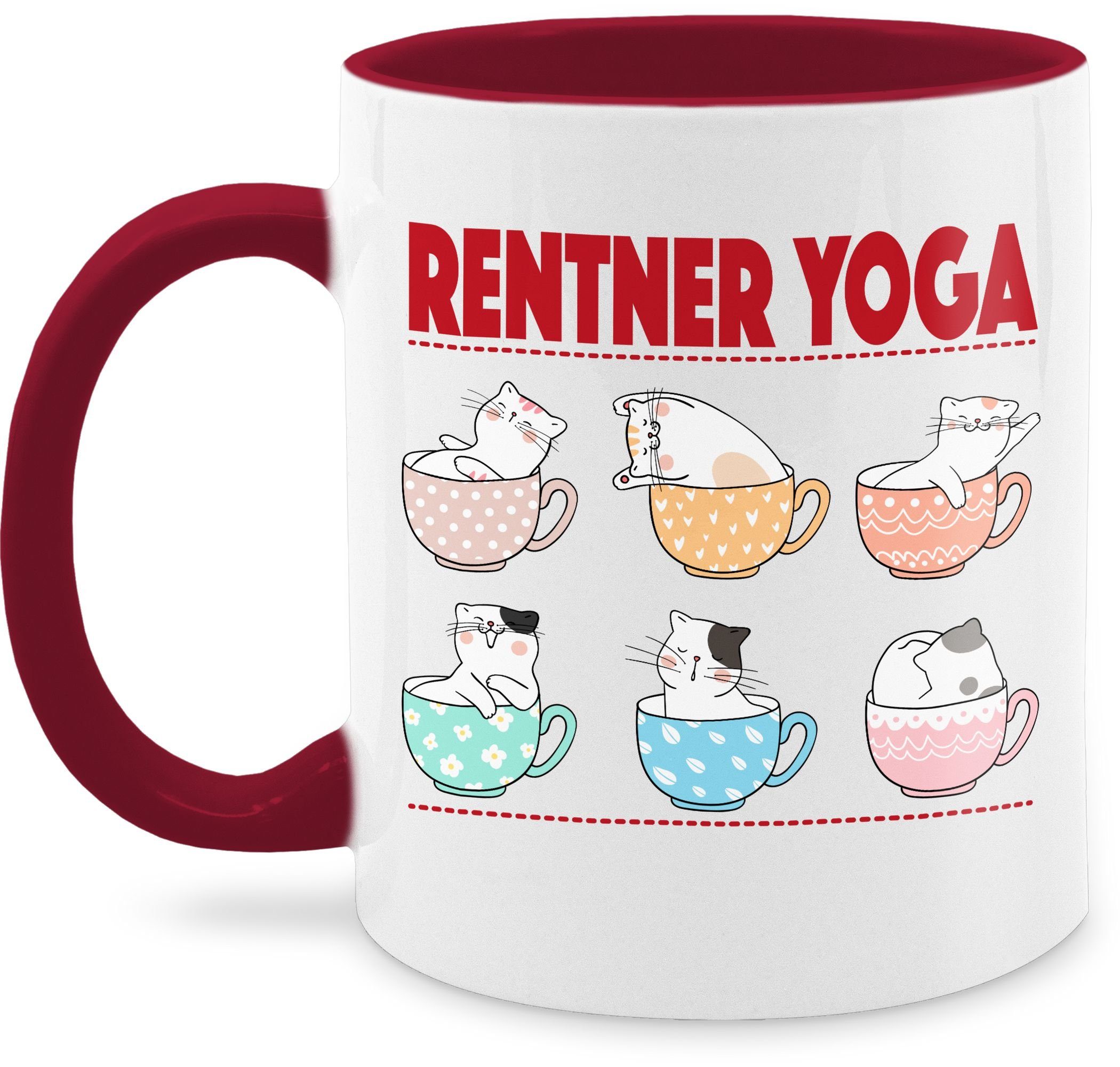 Keramik, in Geschenk Shirtracer Kaffeetasse Yoga Tassen, 1 Rente Katzen Rentner Tasse Bordeauxrot