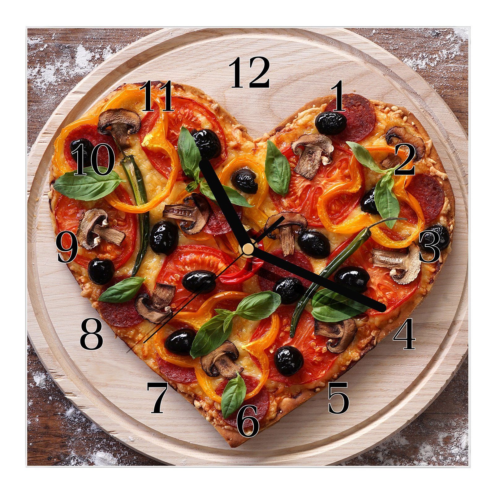 Primedeco Wanduhr Glasuhr Wanduhr Wandkunst Größe 30 x 30 cm mit Motiv Herz aus Pizza