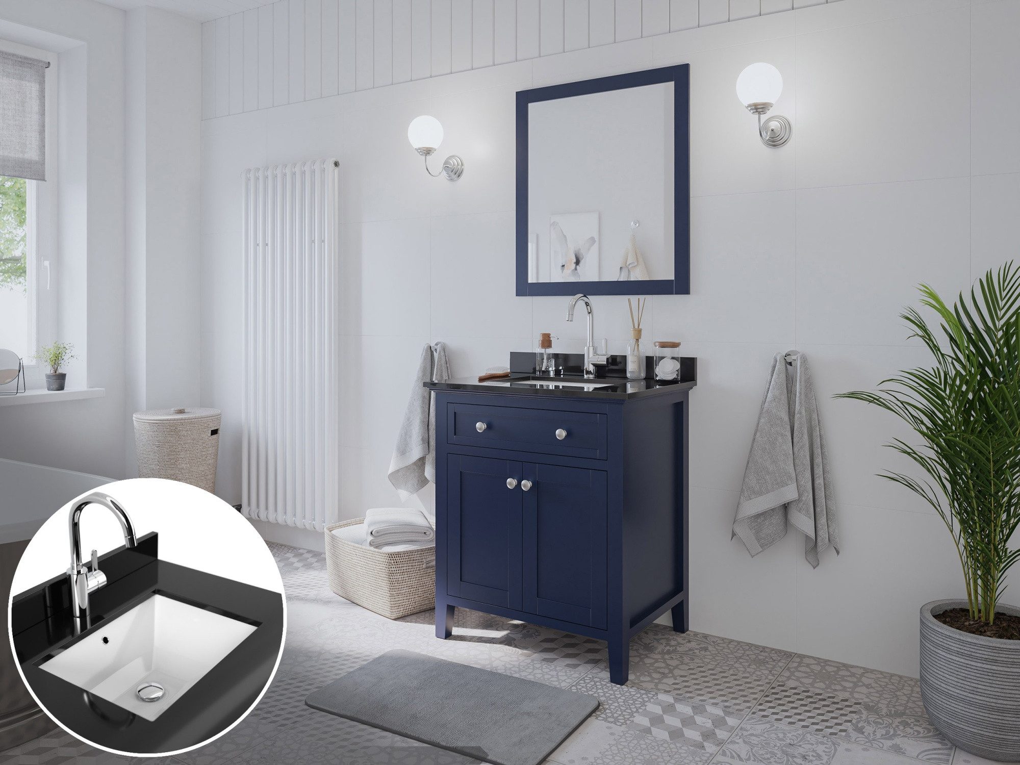 Magnolia Home Badmöbel-Set Landhaus Badmöbel-Set 2tlg Postigo 75 Quarz schwarz montiert blau lack