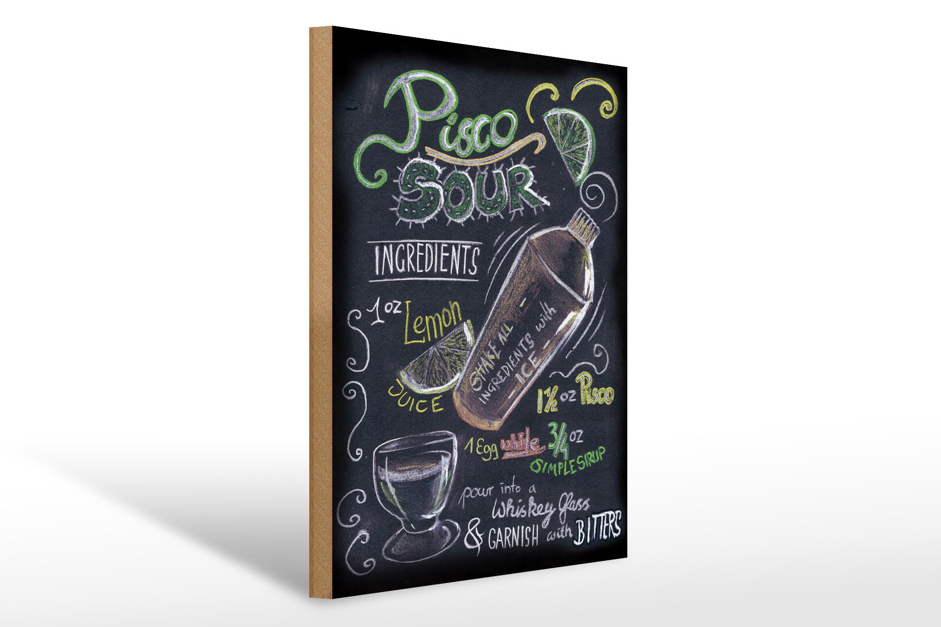 Holzbild Cocktail 30x40cm Rezept Pisco Sour