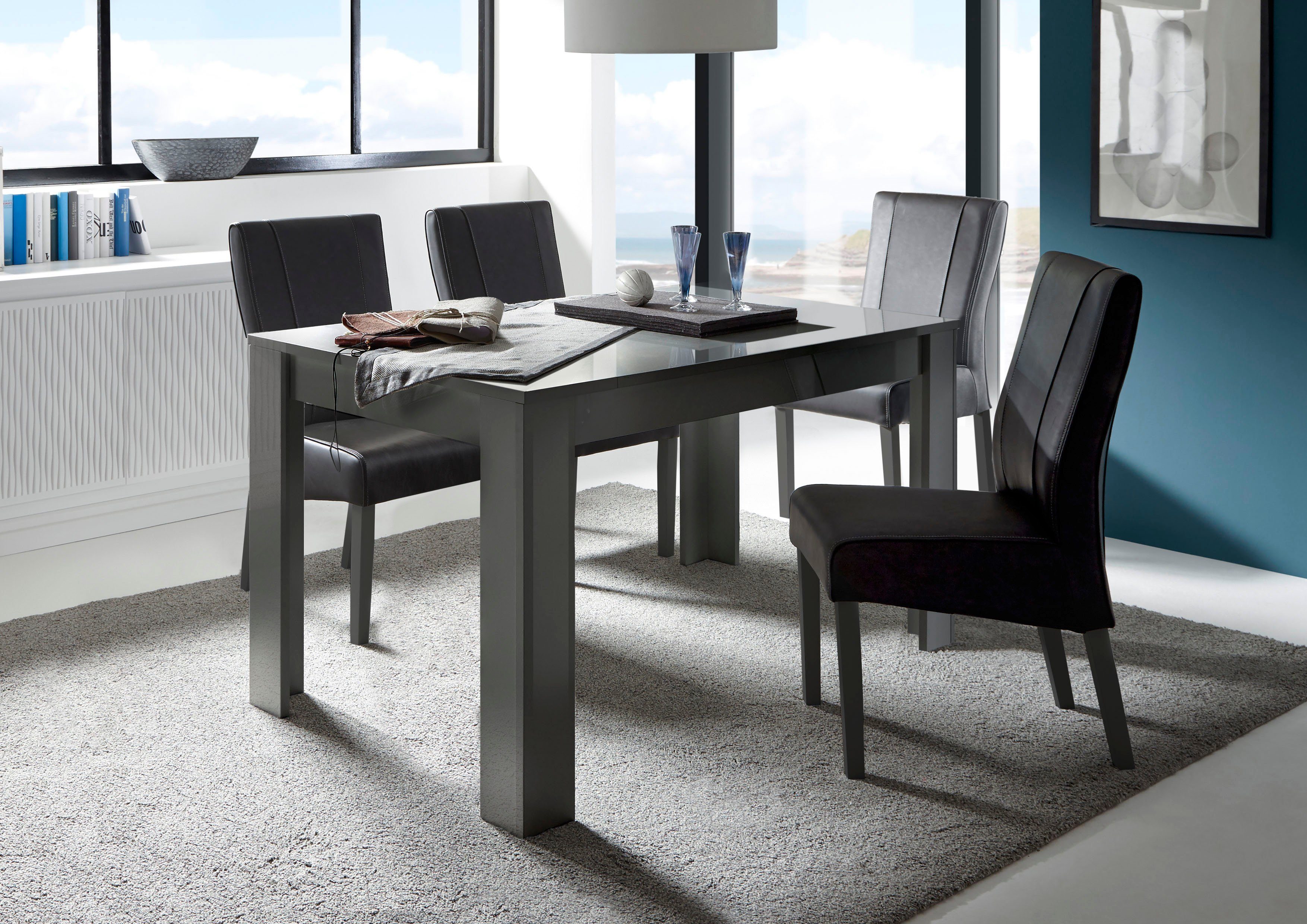 Home affaire Esstisch Dama 137x90x79 cm (BxTxH), Esszimmertisch Anthrazit Hochglanz Lack, moderner rechteckiger Küchentisch, ausziehbar, erweiterbar auf 185 cm