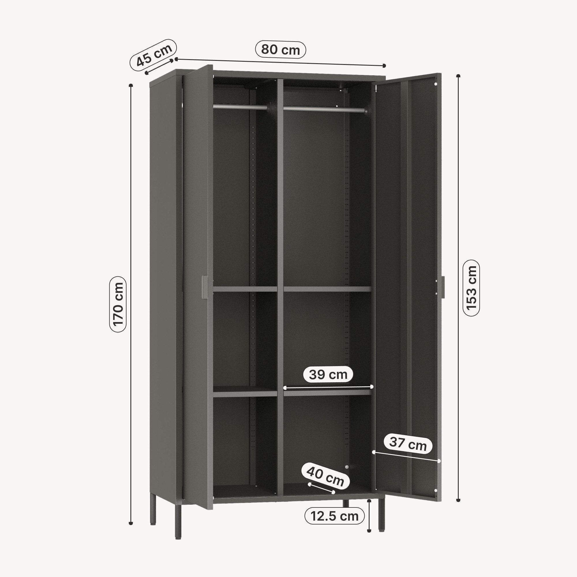 en.casa Kleiderschrank »Esteli« 170 x 80 x 45 cm mit 2 Türen Stahl Schwarz