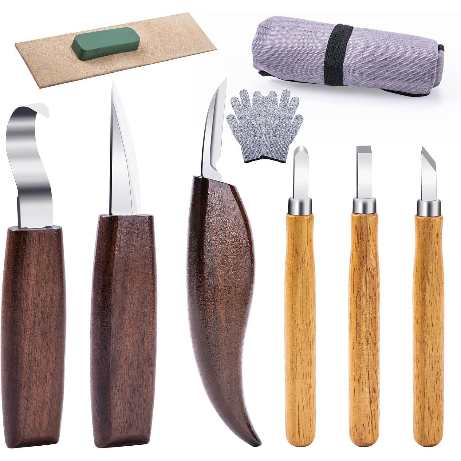 HEYHIPPO Schnitzmesser Holzschnitz-Set 10tlg.-Messer,Hohleisen&Zubehör, für Anfänger & Profis, (set, 10 St., Schnitzwerkzeug, für Figuren, Schalen, Löffel– ideal für DIY-Projekte), Schnitzmesser-Set mit Walnussgriff & Chrom-Vanadium-Klingen,langlebig