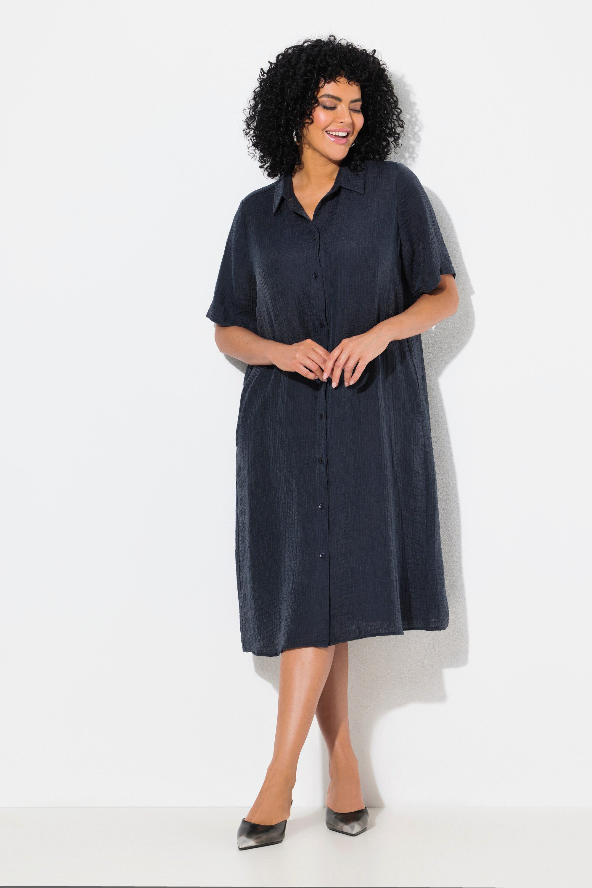 Ulla Popken Minikleid Kleid Kopfleiste Hemdkragen Halbarm Lyocell-Mix günstig online kaufen