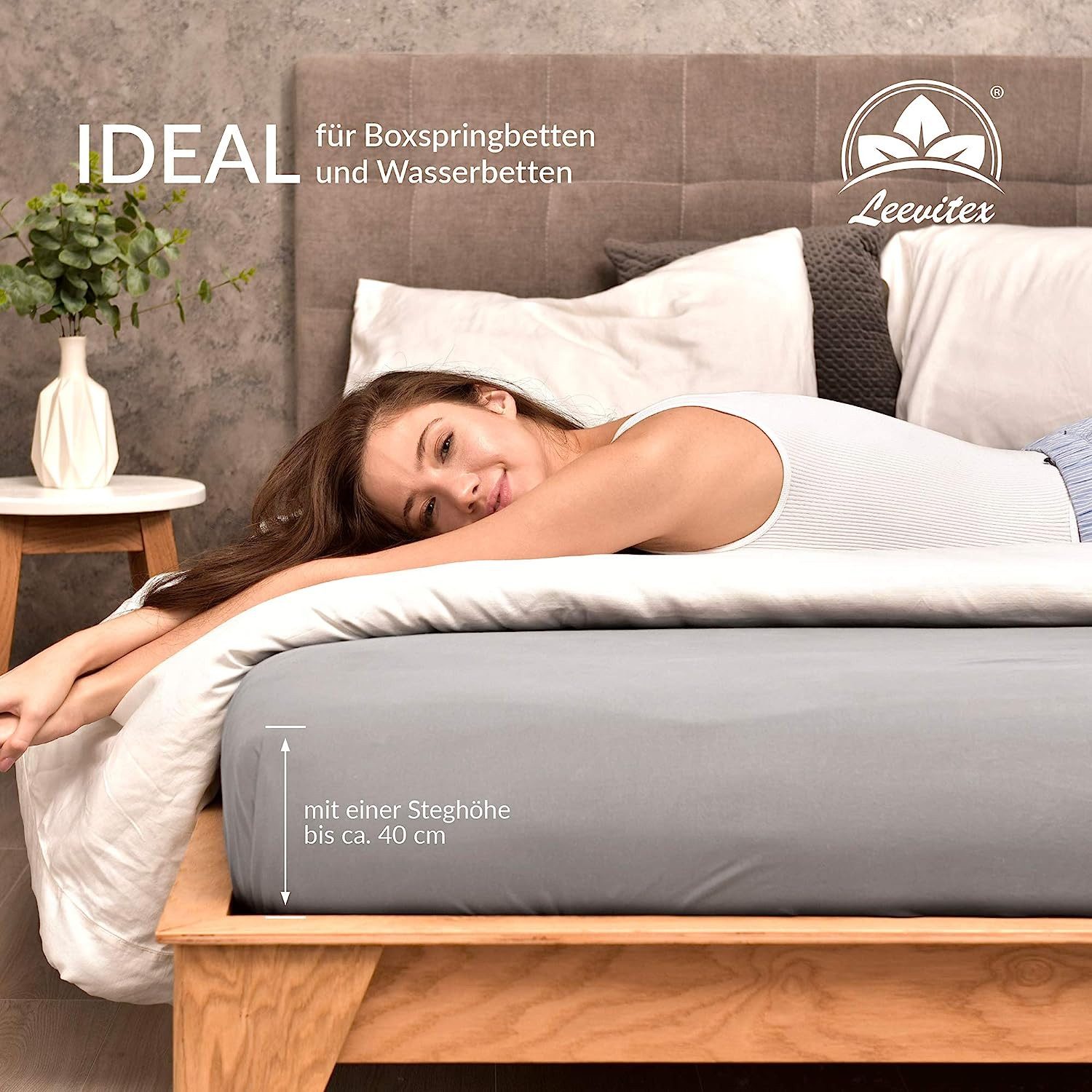 leevitex® Spannbettlaken Spannbettlaken Boxspringbett & Wasserbett Spannbettlaken 170 g/m², Gummizug: rundum, Mako-Baumwolle, sehr robust, 180x200 – 200x220 cm + 40 cm Steg