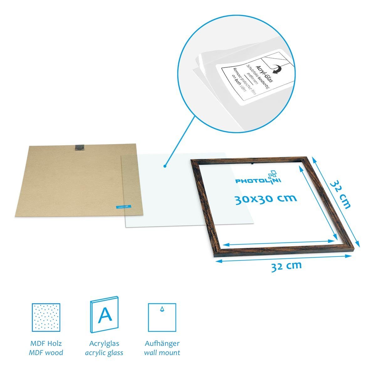 PHOTOLINI Bilderrahmen Sets quadratisch 30x30 cm aus MDF Holz mit Acrylglas & Zubehör, für 4 Bilder (4er Set), 4er Set Eiche Dunkel mit Passepartouts für Bilder – Bild 5 von 5