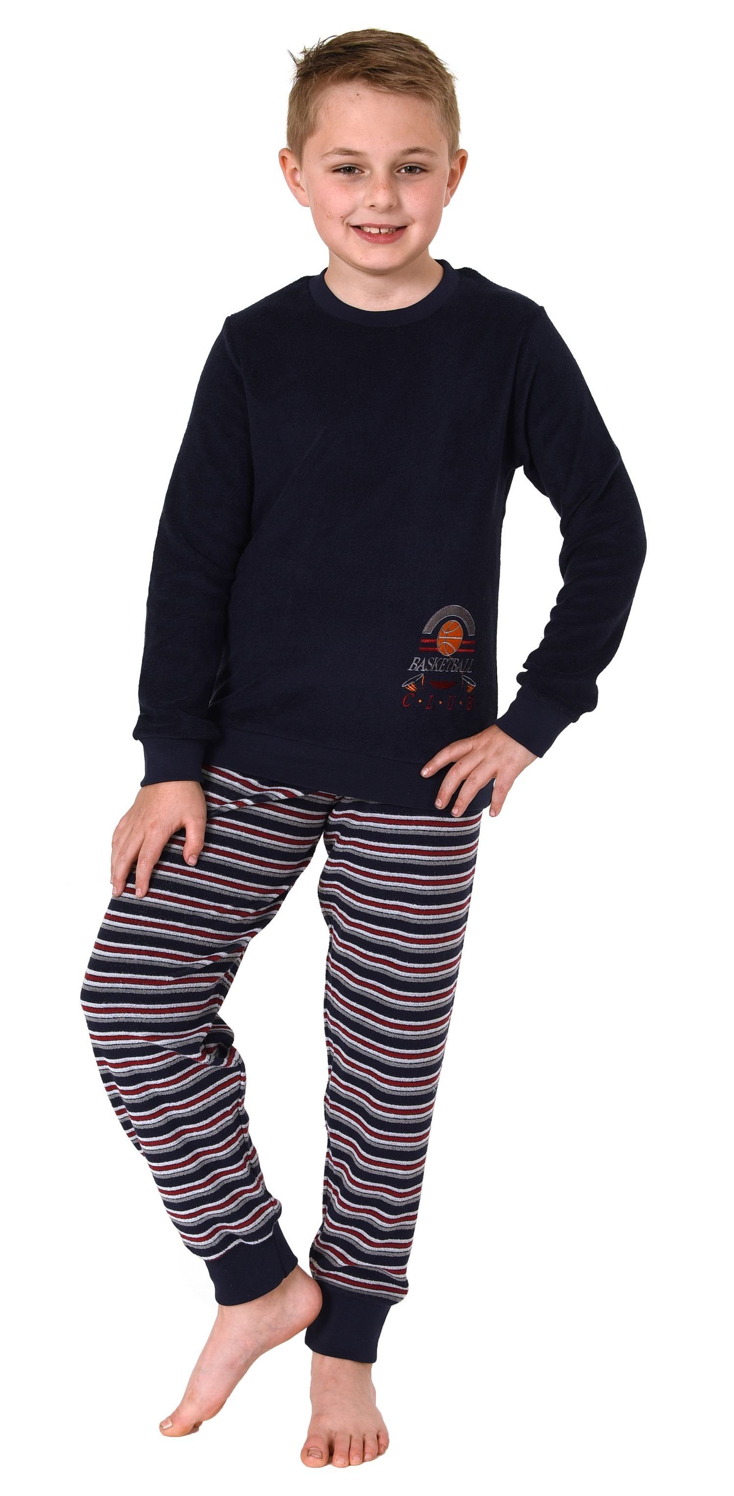 langarm Normann Pyjama Frottee Schlafanzug marine und Jungen mit Bündchen Basketball-Motiv