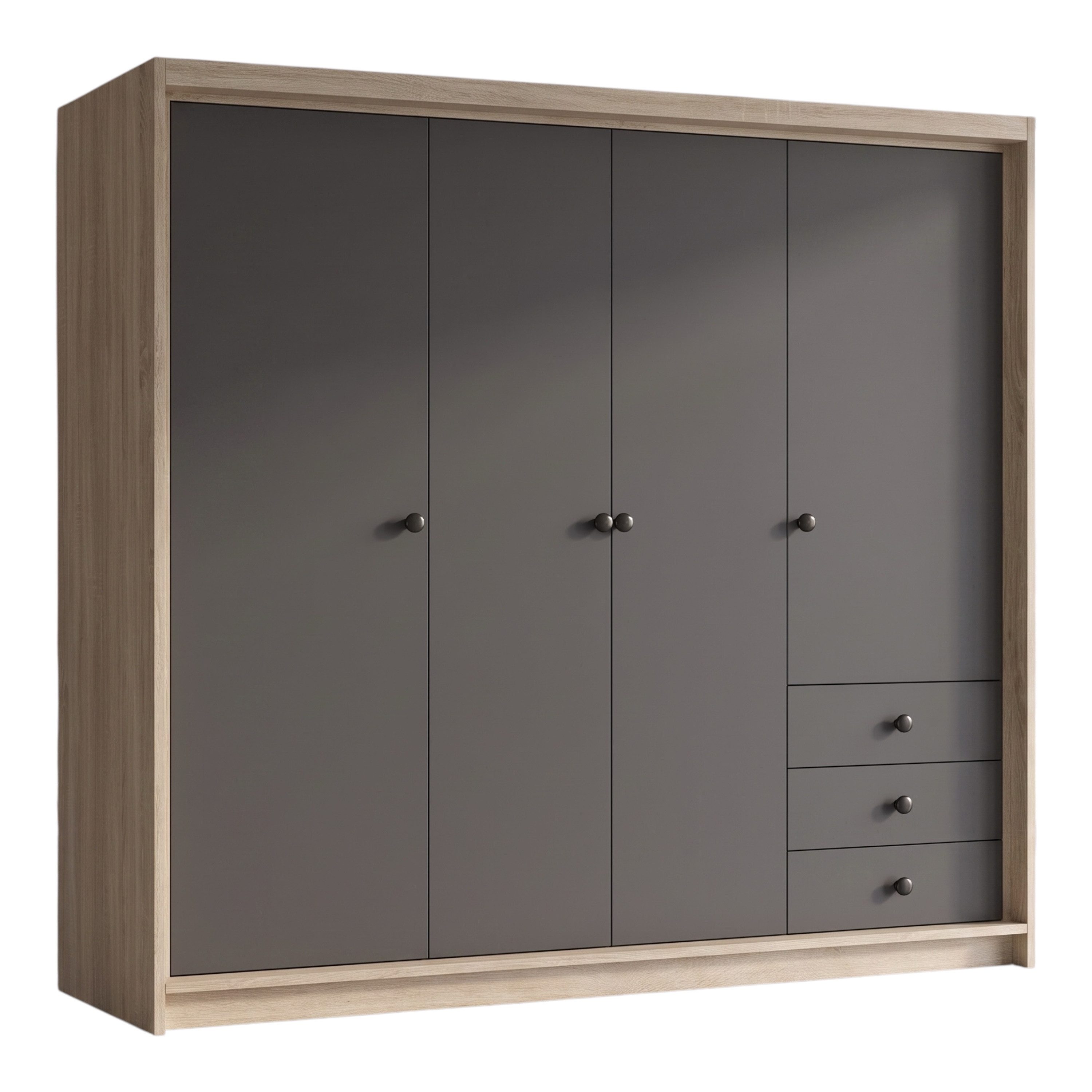 A&J MöbelLand GmbH Drehtürenschrank FALKEN– viertüriger Kleiderschrank 200 cm (Geräumiger viertüriger Kleiderschrank mit Schubladen. Geräumiger Schrank mit einer Breite von 200 cm und Schubladen, ideal zur Aufbewahrung von Kleidung und Accessoires. Viel S