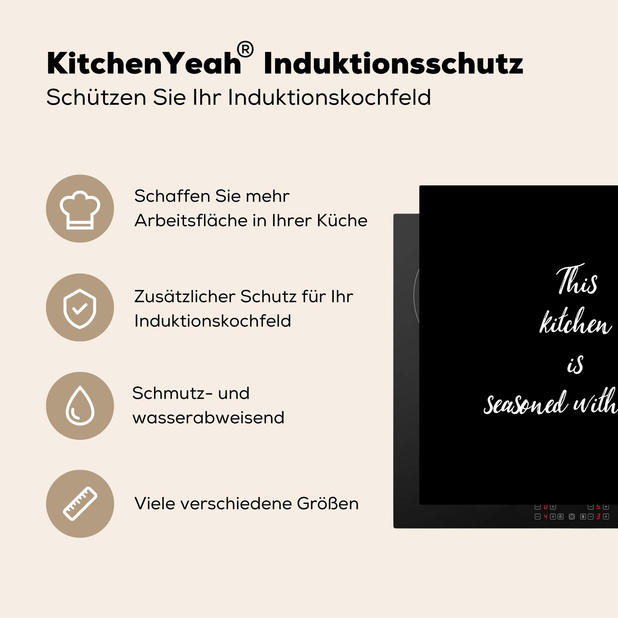 Vinyl, - Arbeitsplatte Zitate Liebe tlg), ist cm, Diese Küche Küche - -, mit Herdblende-/Abdeckplatte für Sprichwörter Ceranfeldabdeckung, küche 78x78 (1 gewürzt - MuchoWow