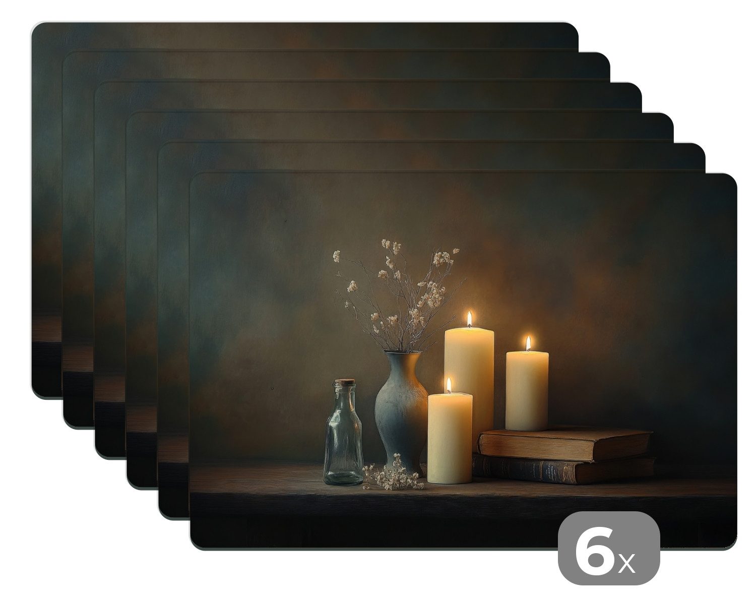 MuchoWow Platzset Kerzen - Stilleben - Rustikal - Bücher, (6-St), Platzsets, Tischset, Abwaschbar, Tischsets, Platzdeckchen