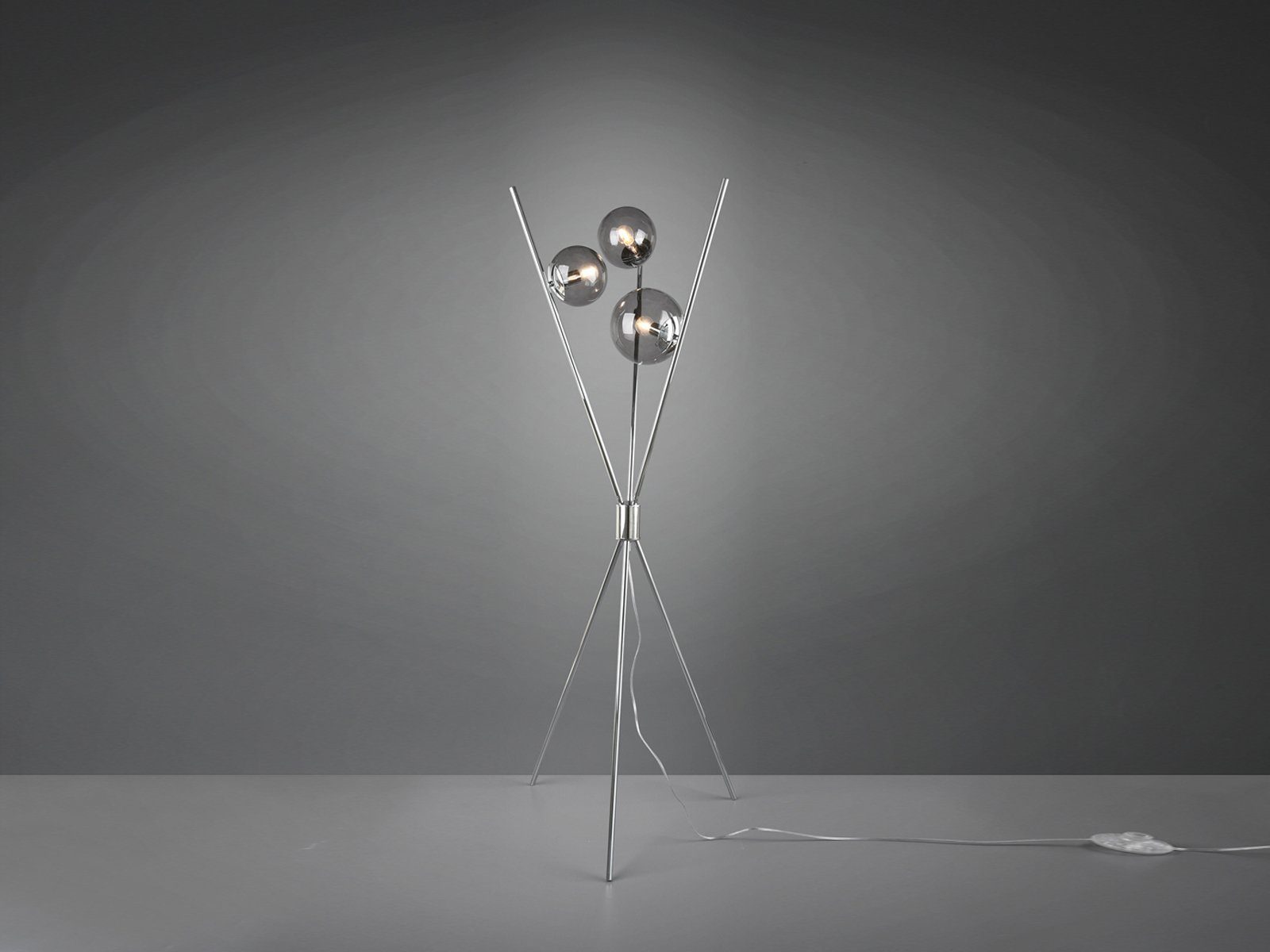 TRIO LED Stehlampe, Dreibein Höhe 156cm LED Rauch-Glas-kugel Rauchfarbig-Silber moderne wechselbar, ausgefallene Tripod Lampe Warmweiß