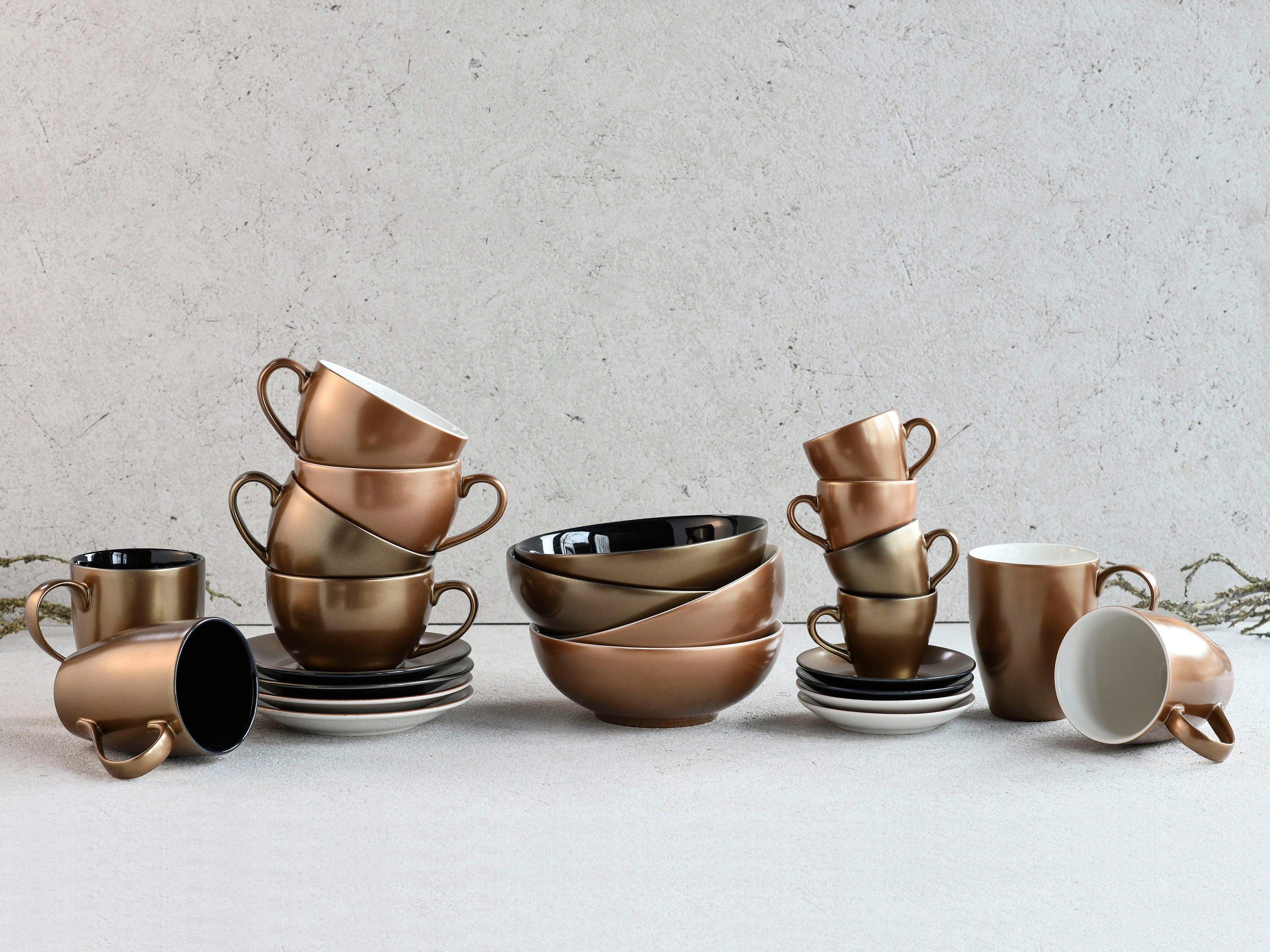 CreaTable Cappuccinotasse Golden Days, 4-tlg., Steinzeug, 4-teilig, inkl. Untertasse