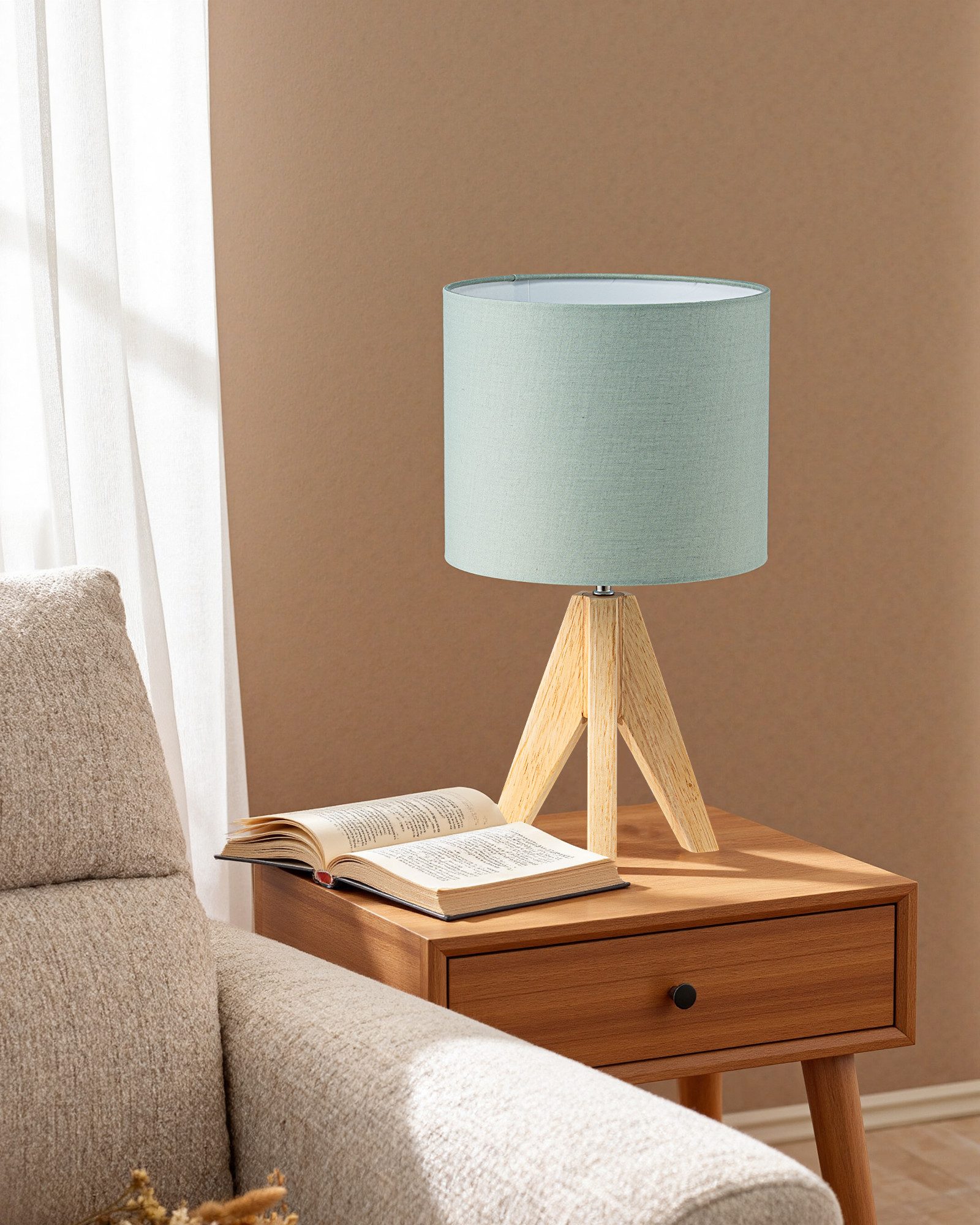 EDISHINE Nachttischlampe Vintage Tischlampe Holz mit Stoffschirm, inkl. Leuchtmittel, LED wechselbar, Warmweiß, Lampenschirm aus Leinen, für Deko, Schlafzimmer, Wohnzimmer