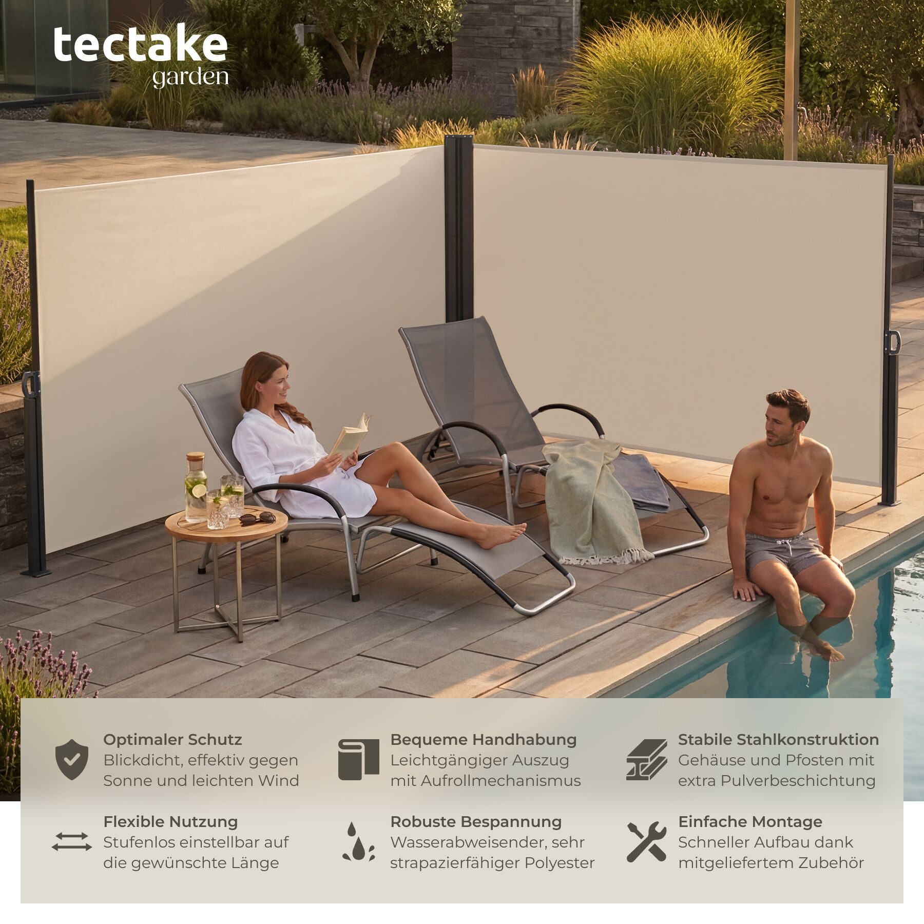 tectake Seitenarmmarkise Doppel-Seitenmarkise, ausziehbar, mit Aufrollmechanismus, 160 x 600 (Sichtschutzmarkise, in beige) wetterfest, blickdicht, Schutz vor Sonne und Wind, aus Polyesterstoff