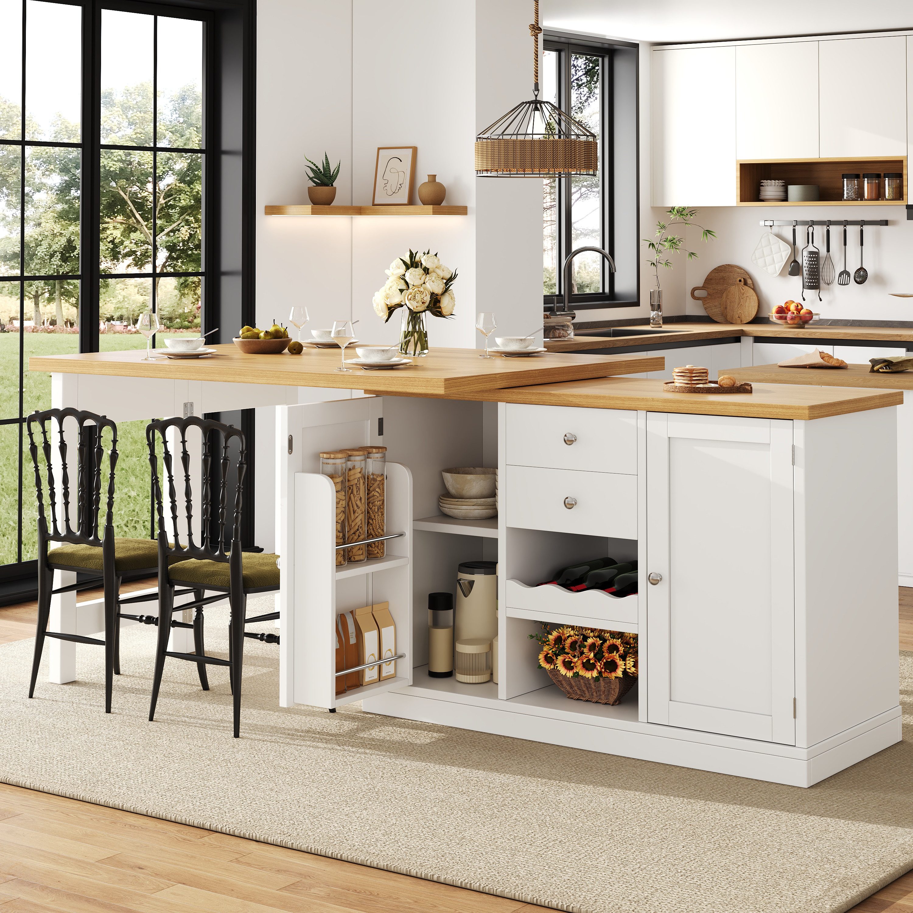 Celya Kücheninsel Ausziehbarer Esstisch 120-197cm, mit Weinregal und Snack-Regalen, (360° drehbar, mit 2 Schubladen und magnetische Türen), Ideal für Esszimmer, belastbar bis 60kg