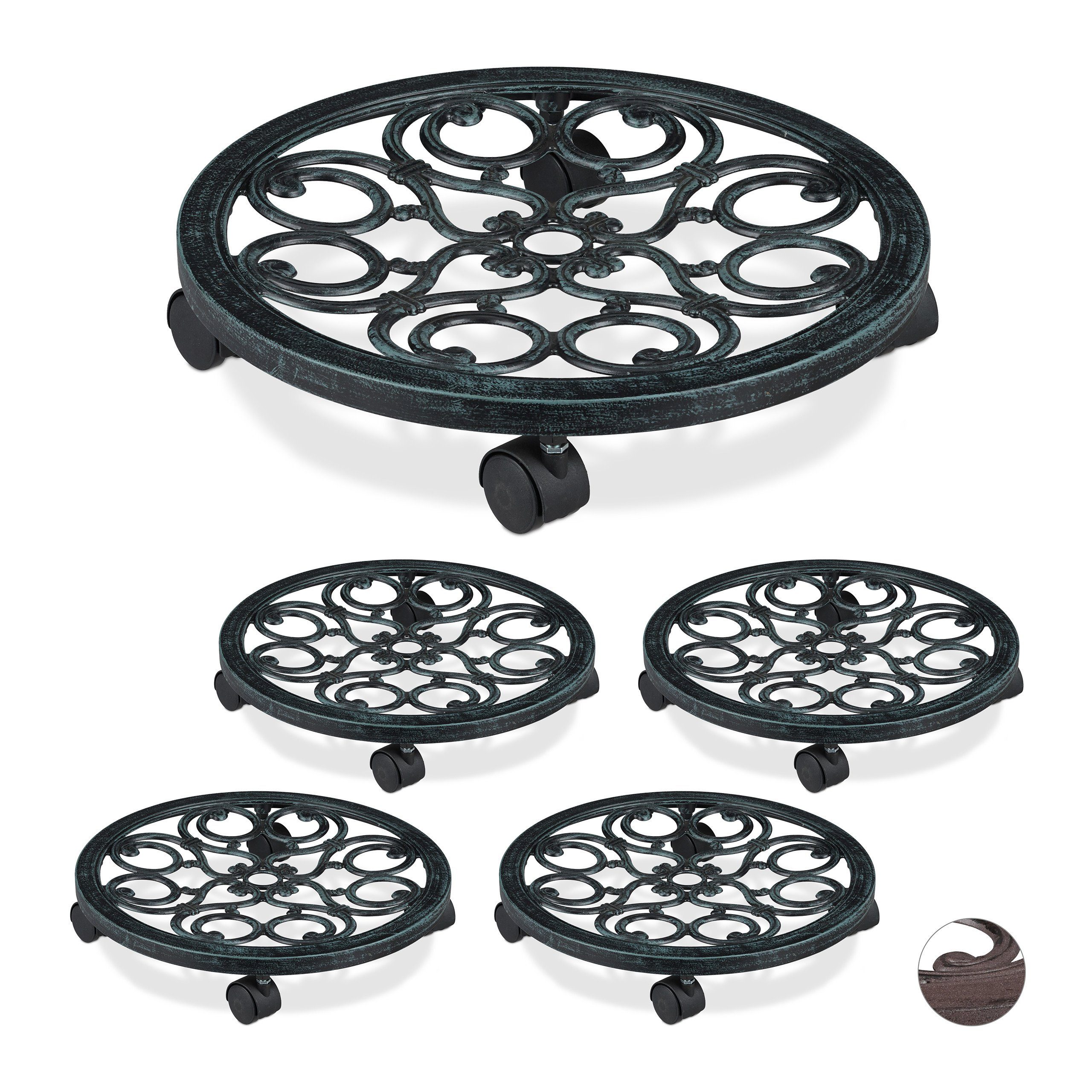Blumentopfuntersetzer 5 x Pflanzenroller rund antik grün
