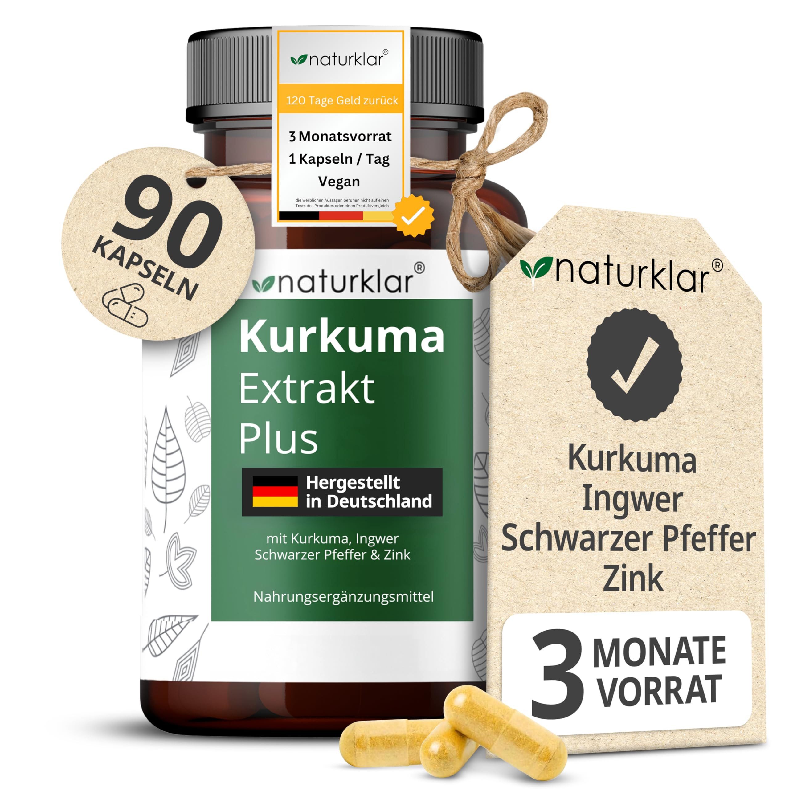 Naturklar Kurkuma Extrakt Kapseln 5-Fach Kombi, 5.200mg pro Tagesdosis Kapseln, Curcuma Kapseln hochdosiert mit Curcumin, Ingwer, Piperin & Zink à 90 St., 52 g
