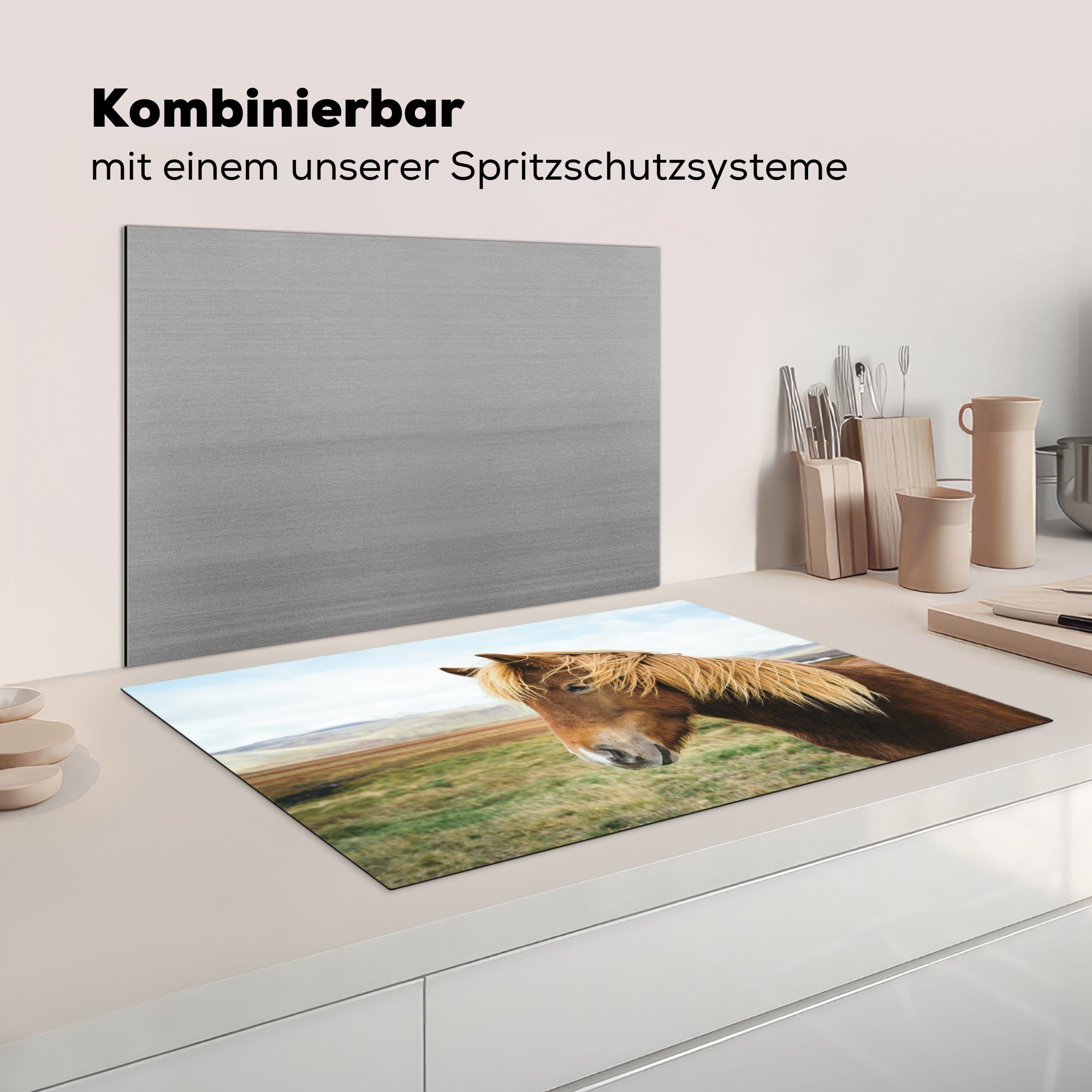 Natur für - Herdblende-/Abdeckplatte tlg), Pferd Ceranfeldabdeckung Island, küche, (1 cm, Induktionskochfeld Vinyl, - 81x52 Schutz die MuchoWow