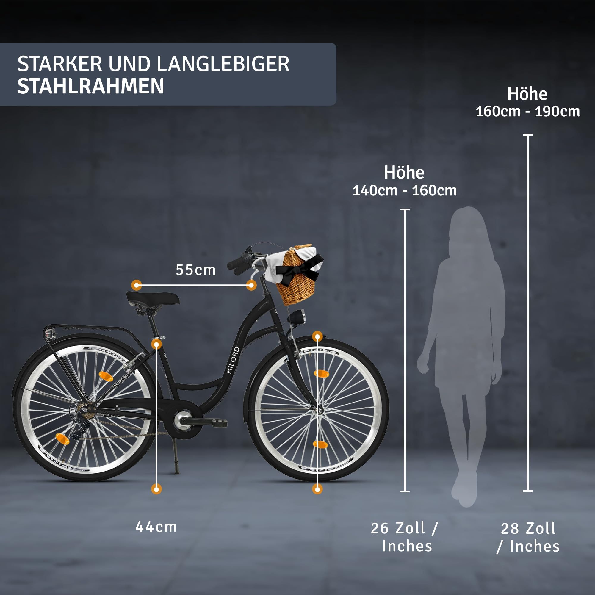 Milord Cityrad Milord City Fahrrad Korb Damenfahrrad, 28/26 Zoll, Schwarz, 7-Gang, 7 Gang, (Fahrradständer, Gepäckträger, Klingel, Korb, Kotflügel)