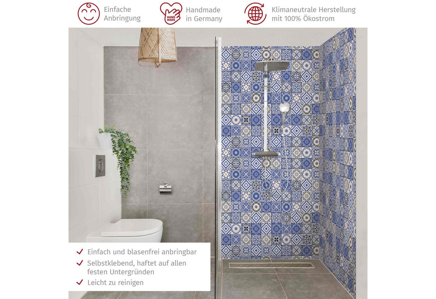 Thumbnail - Bilderdepot24 Badrückwand Fliesenoptik blau Duschrückwand ohne Bohren Dusche, (2-tlg., Hart-Folie Premium matt 0,61 mm),...
