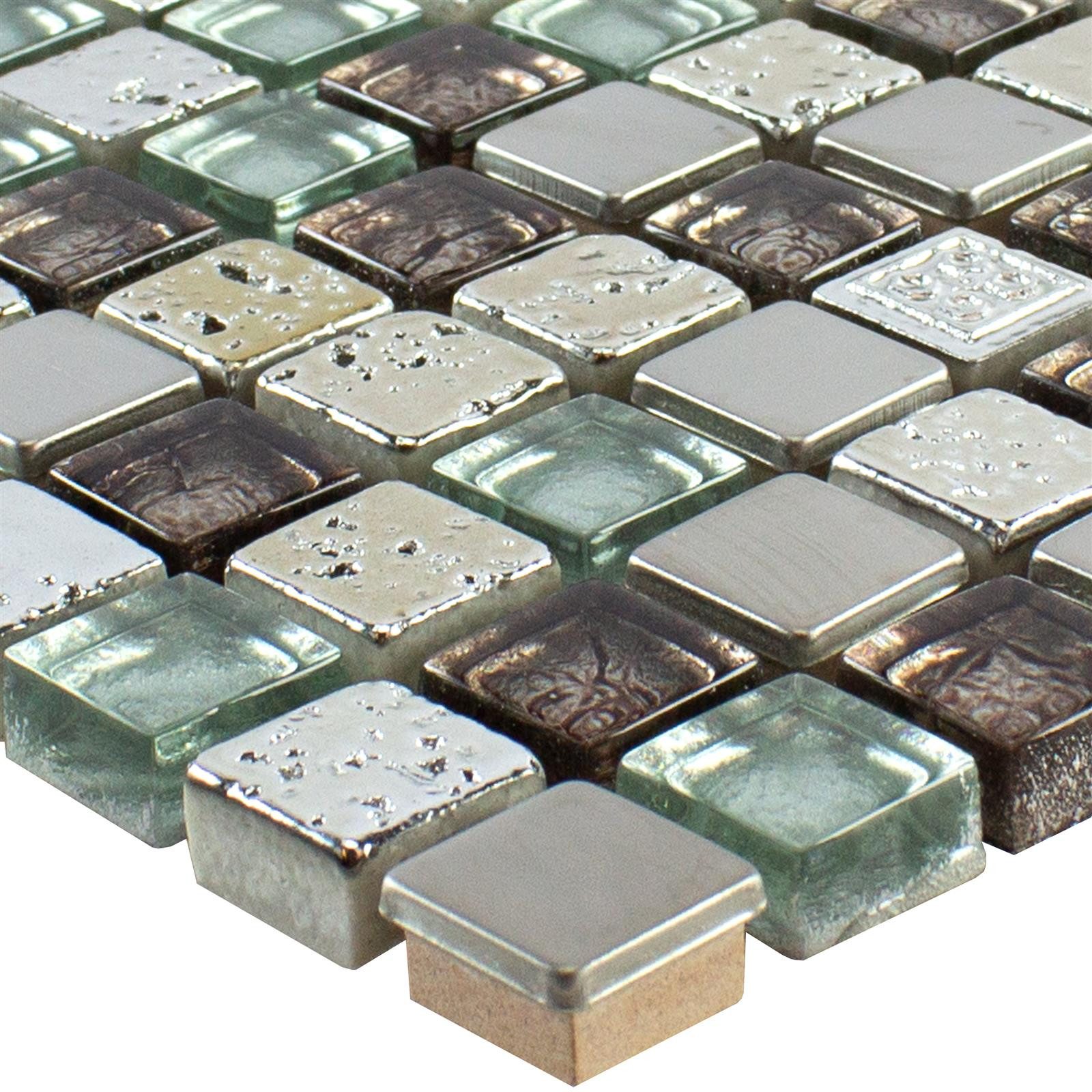 Mosafil Mosaikfliesen Glas Resin Metall Mosaikfliese Falco Braun Silber, Naturstein-Resin-Glas-Metall-Edelstahl 30.000x30.000, braun-silber, Verlegefertig auf ein Netz geklebt