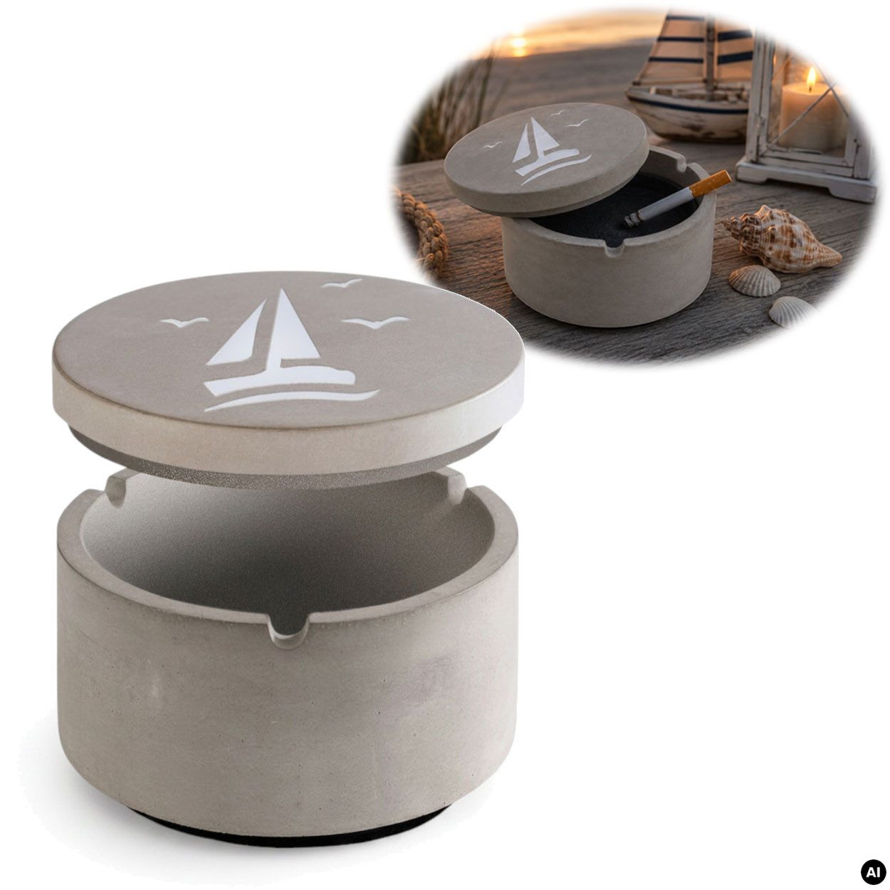 LS-LebenStil Aschenbecher Beton Sturmaschenbecher Motiv Segelboot 9x7cm Maritim Grau mit Deckel, Windaschenbecher Ashtray Tischaschenbecher Garten Balkon Deko