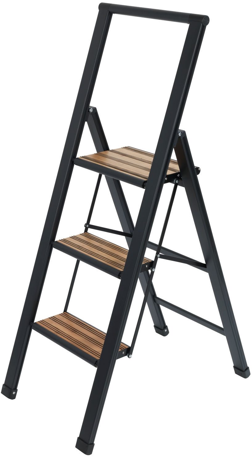 WENKO Trittleiter Modell Alu-Design, rutschsichere XXL-Stufen, robustes Aluminium in Kombination mit Bambus