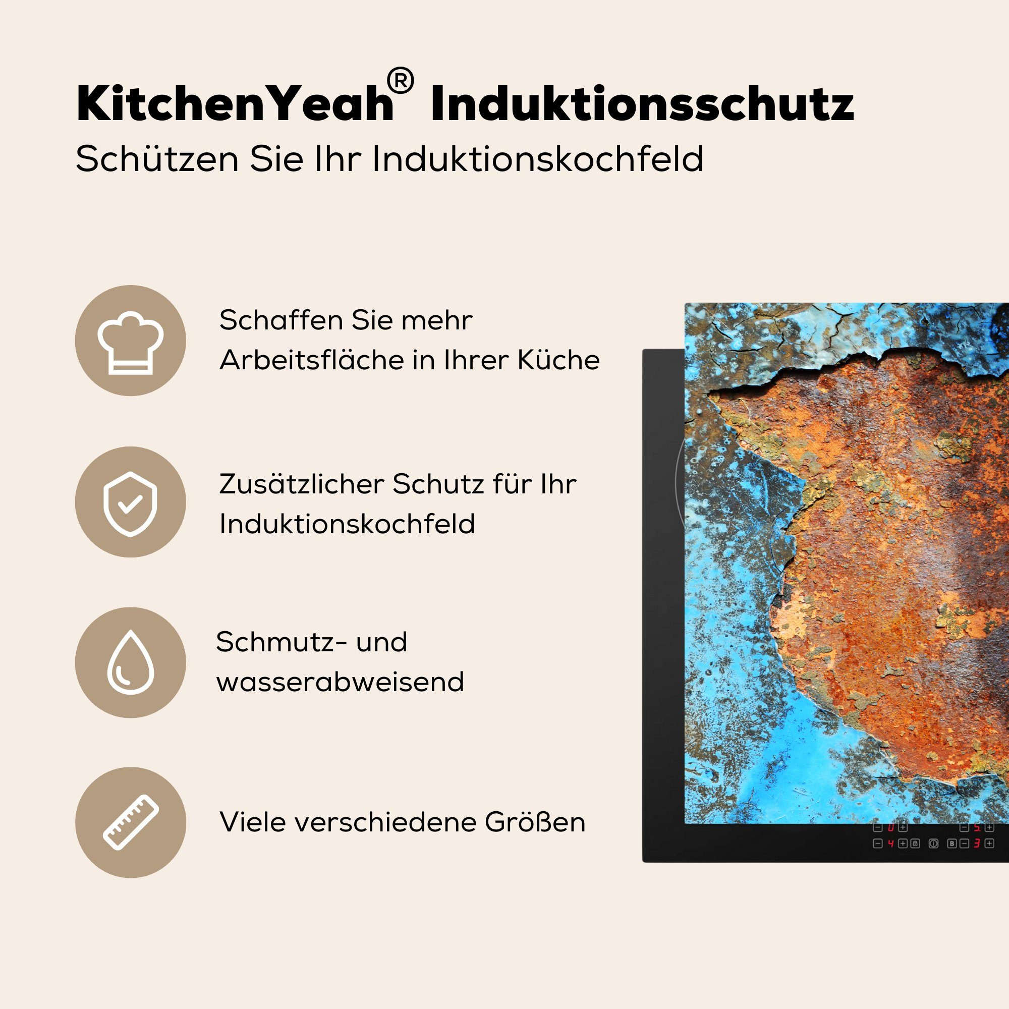 MuchoWow Herdblende-/Abdeckplatte Industriell - - Induktionskochfeld, (1 Vinyl, Induktionsschutz, Ceranfeldabdeckung Rost 57x51 tlg), Metalle cm, - Vintage