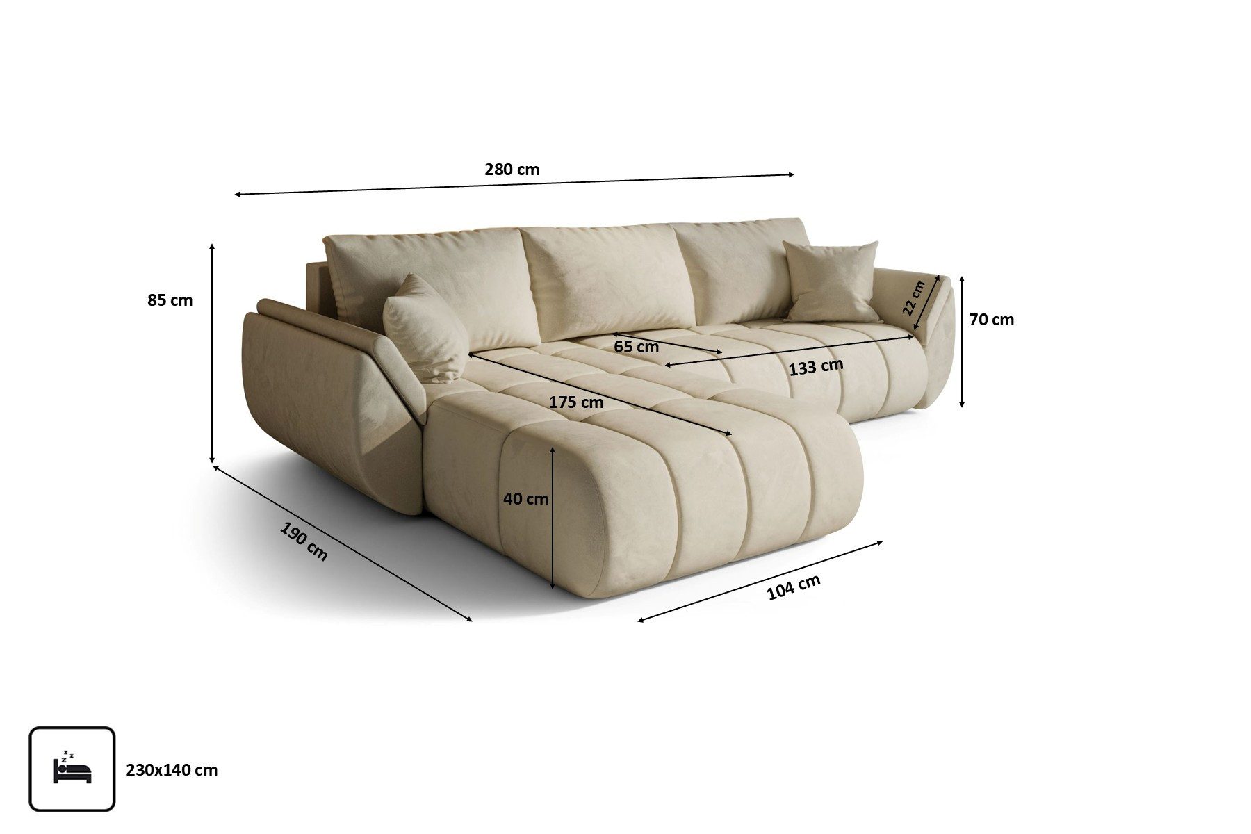 Kaiser Möbel Ecksofa TOKYO PREMIUM im Veloursstoff Monolith,Schlaffunktion und Bettkaste, Ecksofa, L-Form,Samtweiche Veloursoberfläche,Wasserabweisender Stoff Monolit