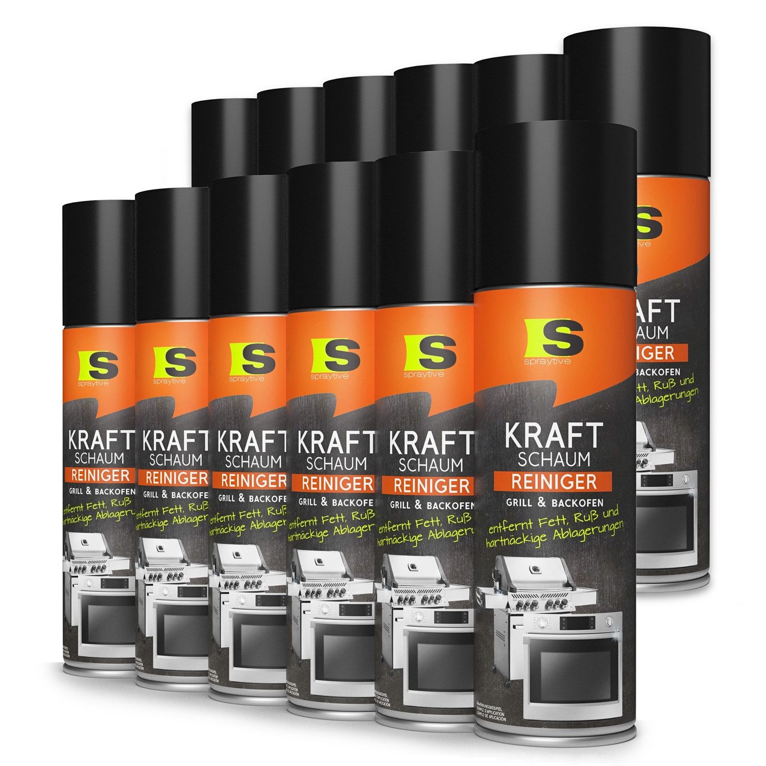Spraytive 12x 500ml Reinigungsspray Backofen & Grillreiniger – Kraftschaum-Spray Backofenreiniger (Maxi-Set, [- 12x 500ml Made in Germany)