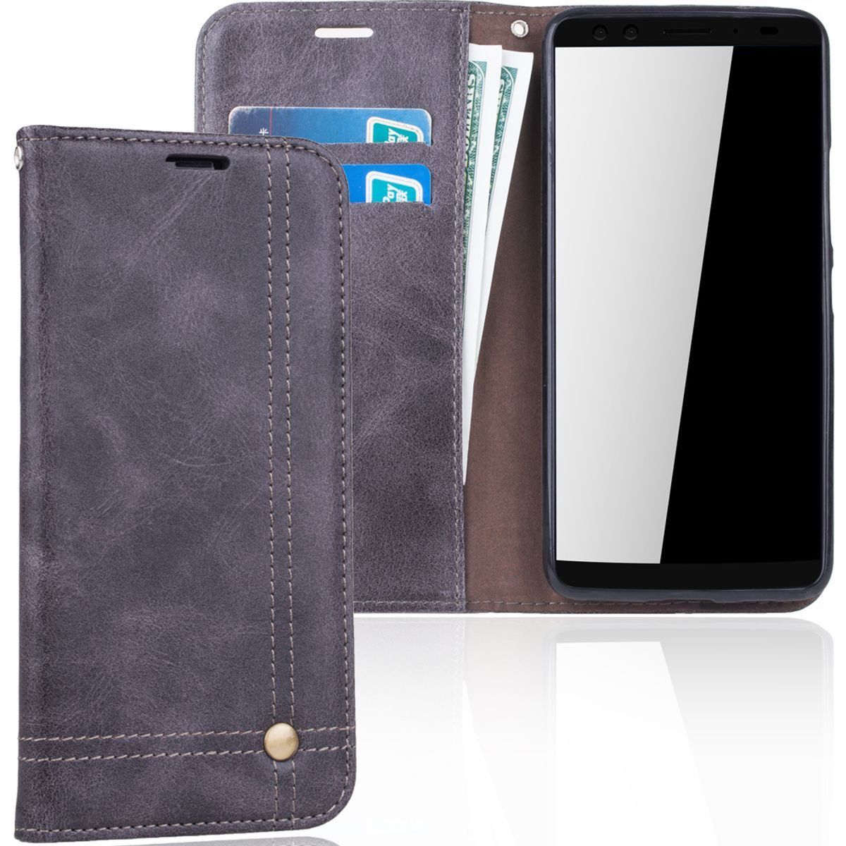 König Design Handyhülle HTC U12, HTC U12 Handyhülle Bookcover Grau