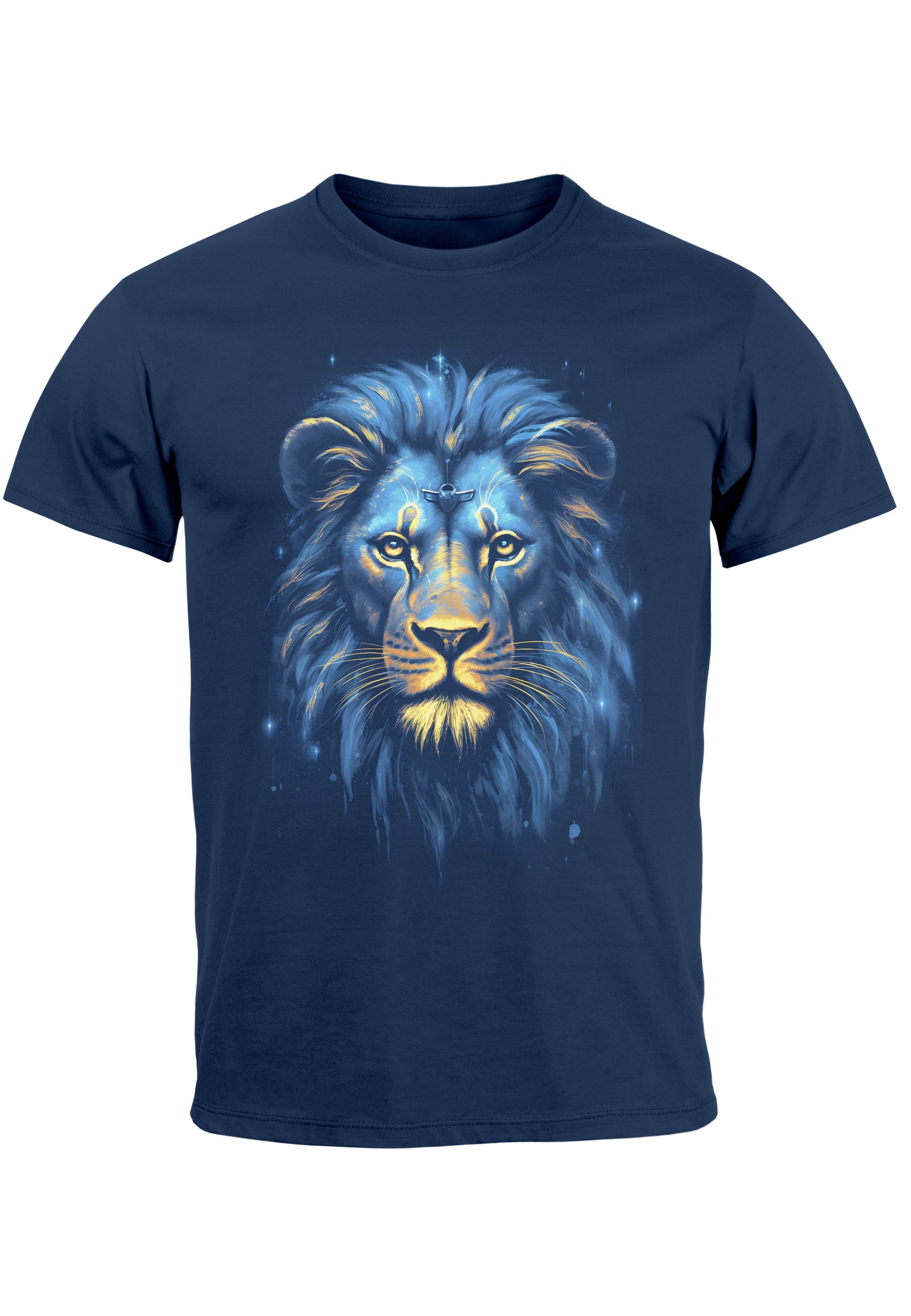 Neverless Print-Shirt Herren T-Shirt Löwe Lion Art-Print Kunst Illustration Aufdruck Printsh mit Print navy