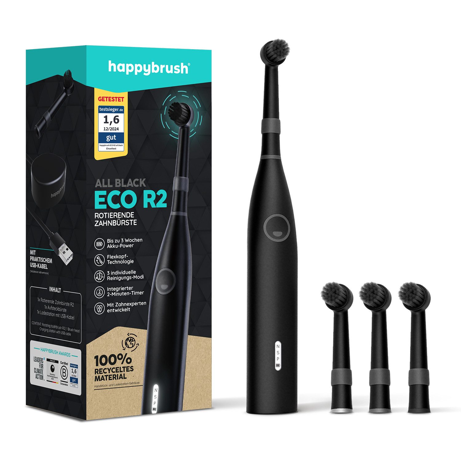 happybrush Elektrische Zahnbürste Eco R2 AllBlack - 100 Tage Probeputzen - 3 Wochen Power Akku, Aufsteckbürsten: 4 St., Eco R2, LED-Display, 3 Putzmodi, Soft-Touch, Travel-Lock