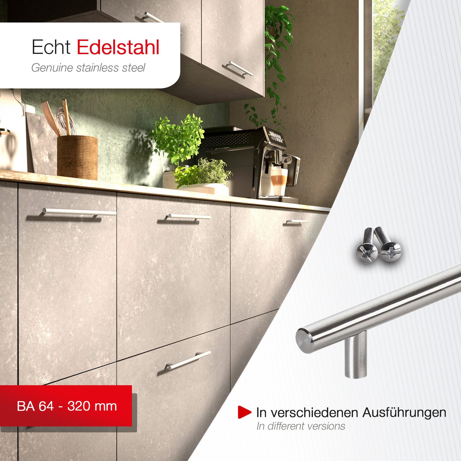 SO-TECH® Möbelgriff Stangengriff G17 echt Edelstahlrohr Ø 12 mm inkl. Schrauben (1-St), Edelstahl gebürstet, Bohrlochabstand 64 mm, Schubladengriff
