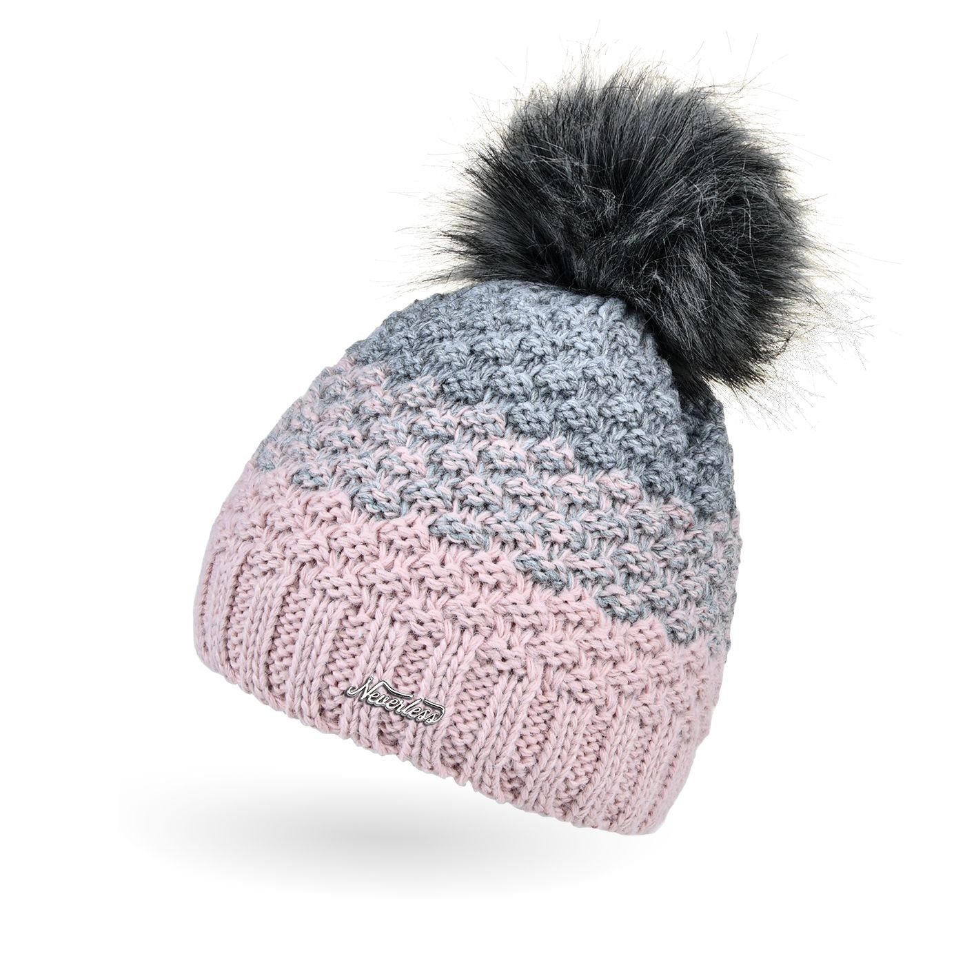 Neverless Bommelmütze Damen Strick-Mütze gefüttert Fleece-Innenfutter Fell- günstig online kaufen