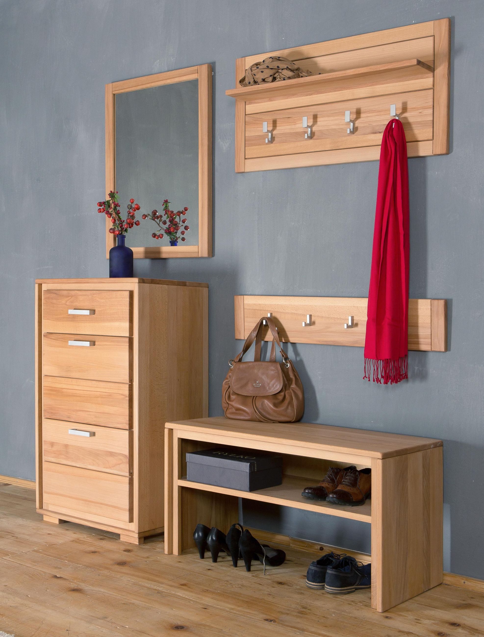 Trendmöbel24 Garderoben-Set Garderoben Set Genf IV Kernbuche Massivholz geölt/gewachst 5-teilig, (Komplett-Set, 5-St., Schuhschrank, Garderobenbank, Garderobenpaneel, Hakenleiste, Spiegel)