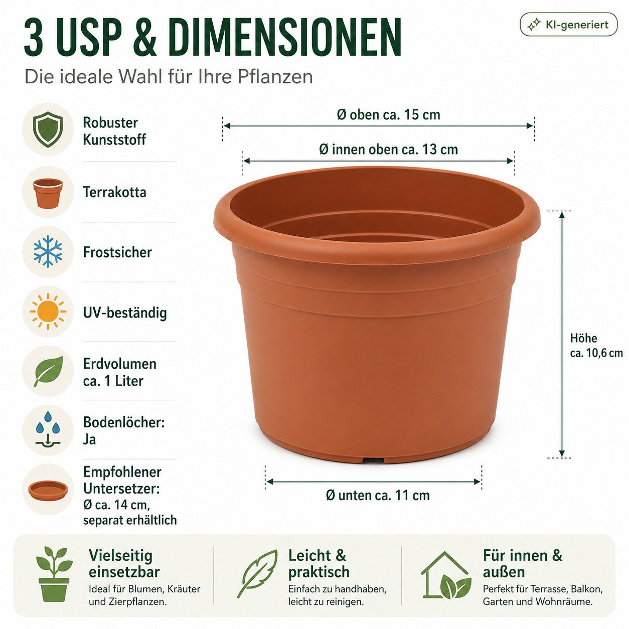 Testrut Blumentopf Pflanzkübel Terrakotta rund aus Kunststoff für draußen – Bild 3 von 5