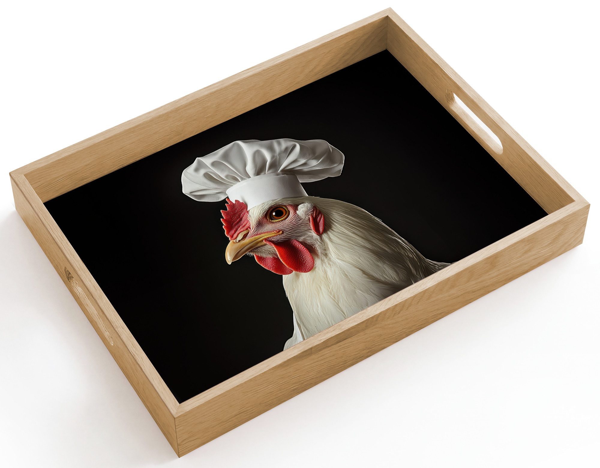 OnlyWow Tablett Rechteckig mit Henkel Koch - Rot - Huhn, Eichenholz, (1-tlg), Siervierplatte, Tray, Frühstücksbrett