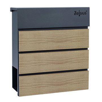 Zelsius Wandbriefkasten Briefkasten Wood mit Zeitungsfach, RAL7016 Anthrazit, Holzoptik, Integrierter Soft-Close Mechanismus, Absenkautomatik